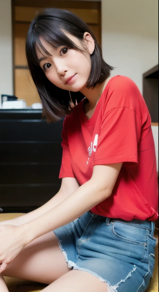 There is a woman sitting on the floor with her hands on her knees, 美cool japanese girl顔, Cute girl - well-groomed face, cute - well-groomed - face, with short hair, like々cool japanese girl, リアルなlike手グラビアアイドル, Yoshitomo Nara, Chiho, likeいかわいいアジア人の顔