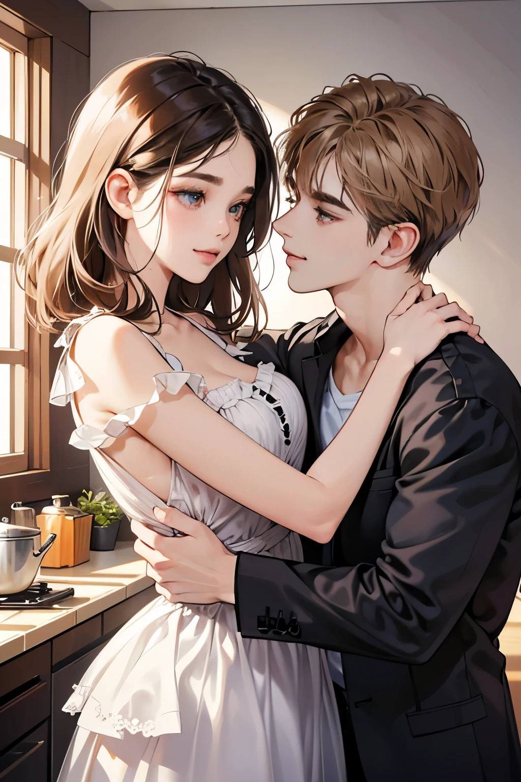 (table top, digital art, digital illustration, 4k, 8k, super detailed, beautiful images, clear image, realistic, RAW photo, perfect face, perfect lines, perfect eyes, soft lighting) 1 female, (light brown hair,chignon hair,innocent look,droopy eyebrows,droopy eyes,With a round face,round chin、innocence,cute,Big eyes,natural makeup,smile gently,E cup,23 years old:1.3),Two handsome men in suits, (human,man wearing a suit,muscular,solid shoulder width,adult male,boyish hairstyle,A man in his 30s with a cool expression,28 year old man with a bright smile:1.2),(embarrassing,shy smile:1.2),kitchen、frying pan、breakfast、kiss、カップルkiss、romance porn、couple looking at each other、couple hugging each other