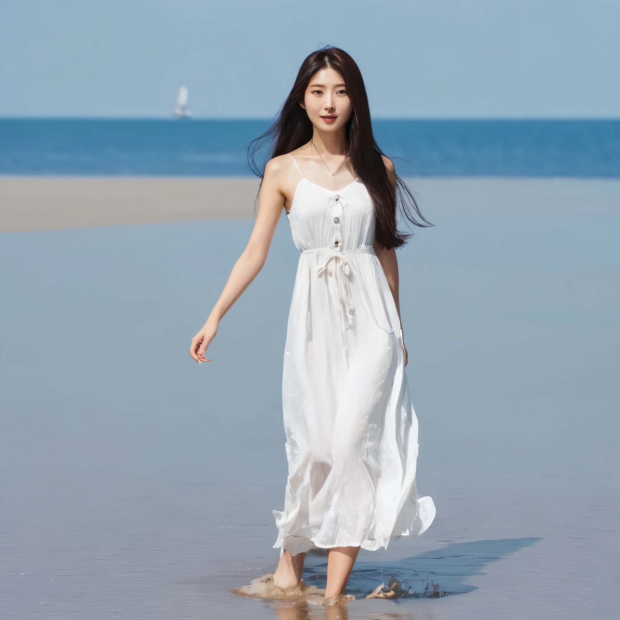 japanese woman、20th generation、straight dark brown long hair、slender body shape、Wearing a light summer dress、Pose of walking on the beach