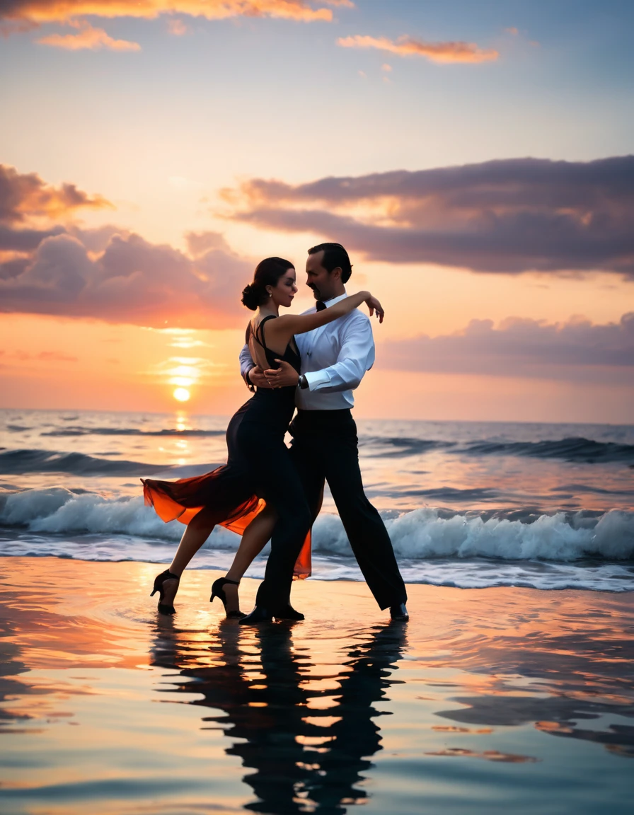 A couple in the middle of the sea ((dancing a tango on the surface of the sea:1.8)), reflection of the sunset reflected in the ocean waves in the background