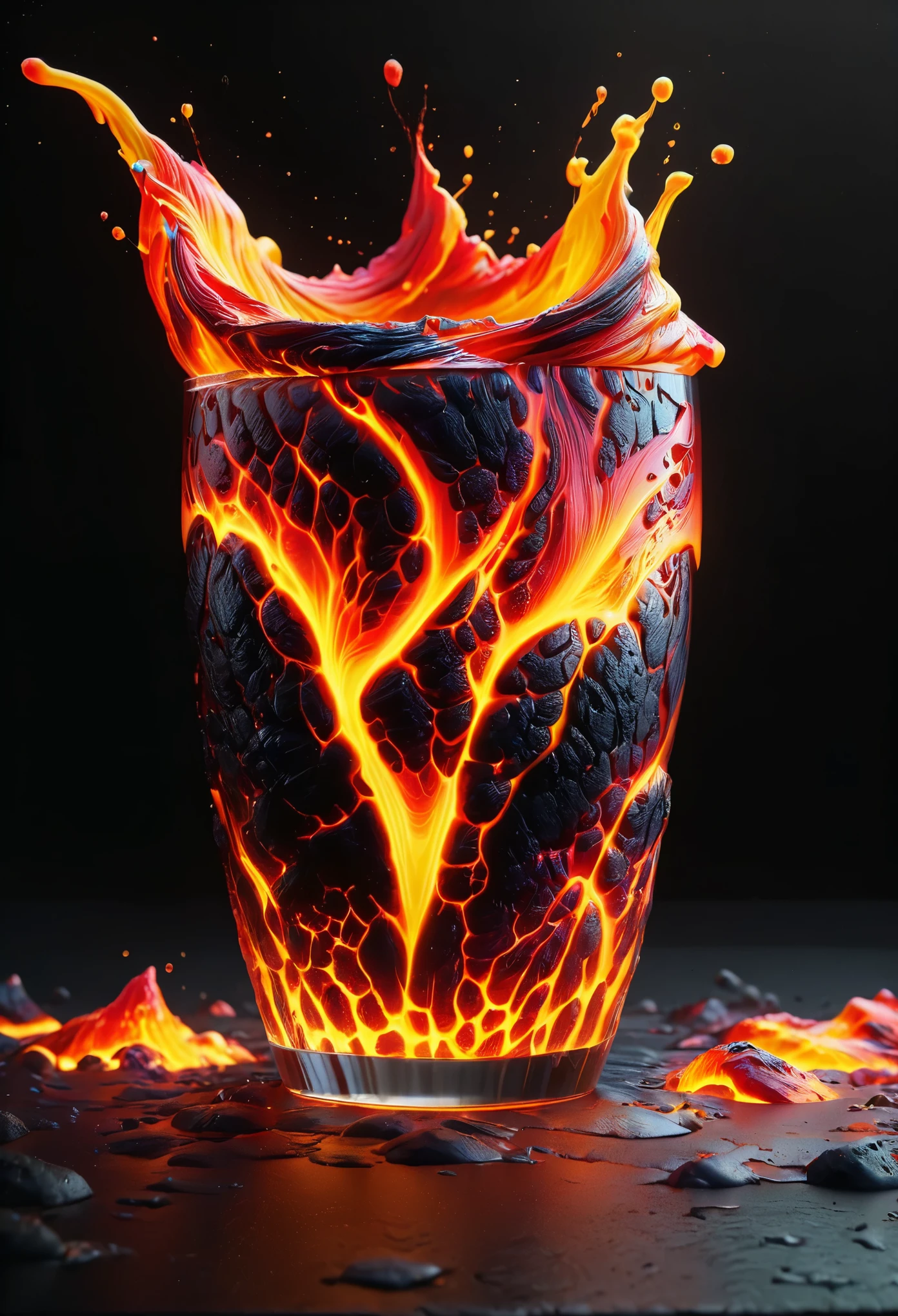 hot lava in shattering glass cup, shattering glass, black background,, realistic, hyper-detailed, 8k, photographic style, ral-lava