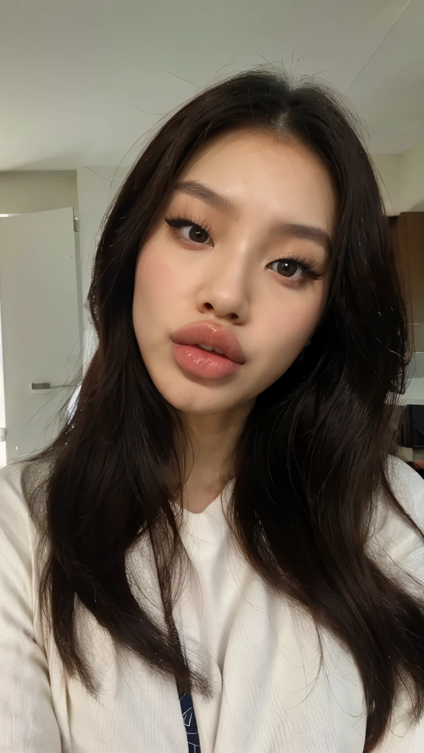 Korean girl, pretty, pretty Korean girl, torso, pretty cute Korean girl, big detailed lips, detailed lips, big lips, plump, fake lips, huge lips, lip filler, skin texture, pores, brown hair, slanted eyes, pale skin, small nose bridge, small nose, athletic build.