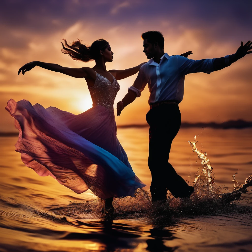 People Dancing on the Sea Surface, aesthetic, extremely detailed, dancing people,seaside sunset landscape,beautiful detailed eyes,beautiful detailed lips,longeyelashes,graceful ballet movements,flowing dresses,floating on water,gentle sea breeze,rippling waves,serene atmosphere,(best quality,4k,8k,highres,masterpiece:1.2),ultra-detailed,(realistic,photorealistic,photo-realistic:1.37),impressionistic style,vibrant colors,soft pastel tones,subtle lighting