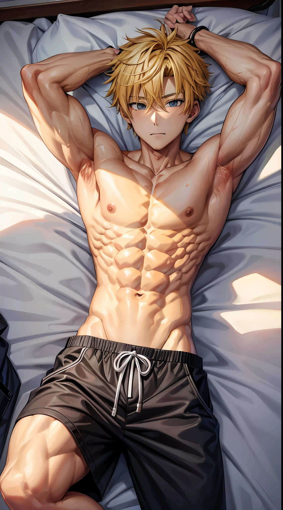 Shirtless anime guy muscular
with yellow hair
6 pack abs
Lying on the bed
