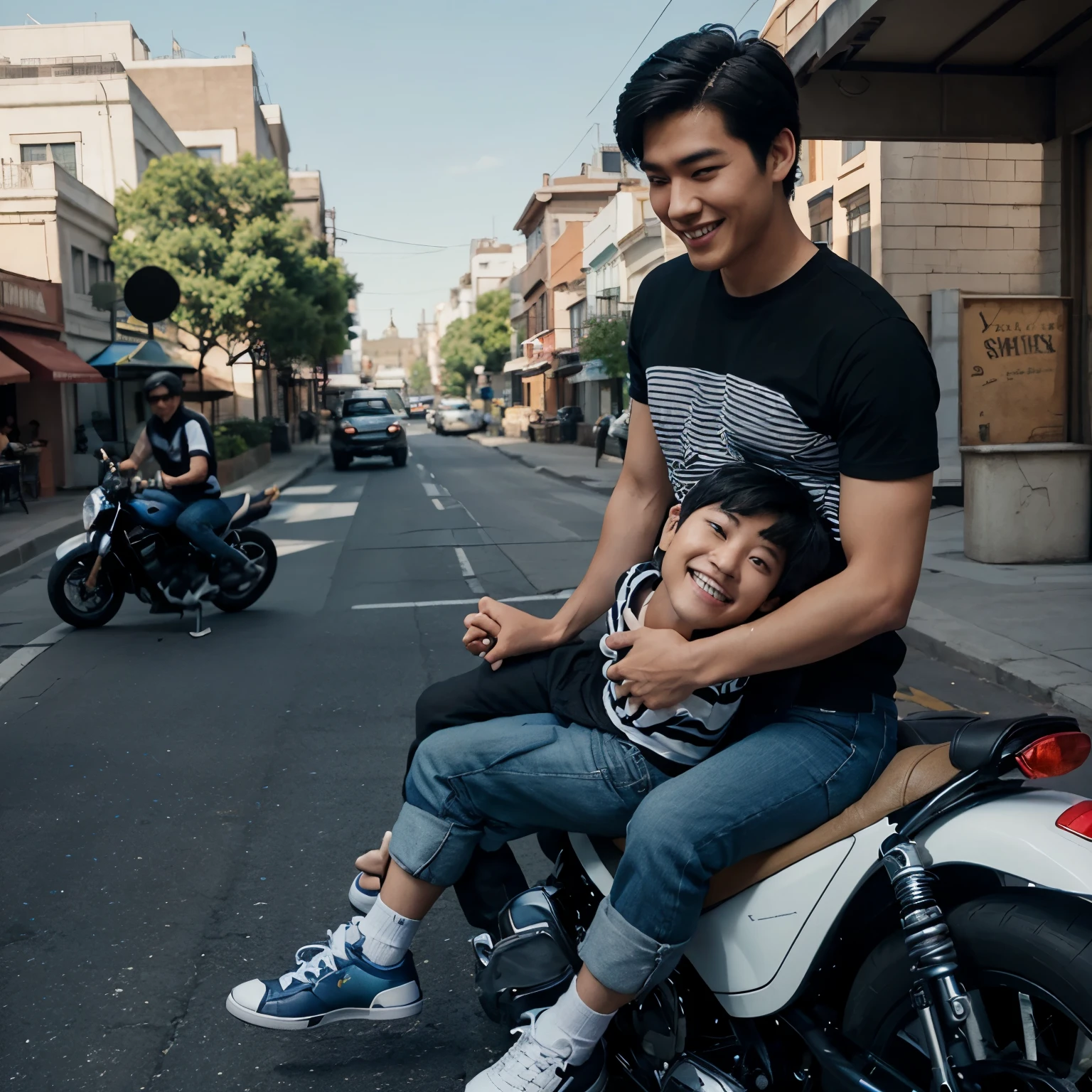 Disney Pixar poster has a Korean short-haired male character, smiling, handsome, wearing a black and white striped t-shirt and blue jeans and white shoes sitting on a Yamaha RX king motorbike with a woman dressed simply and wearing a black shirt and black jeans sitting behind him. behind or being carried by a man, 3D animation