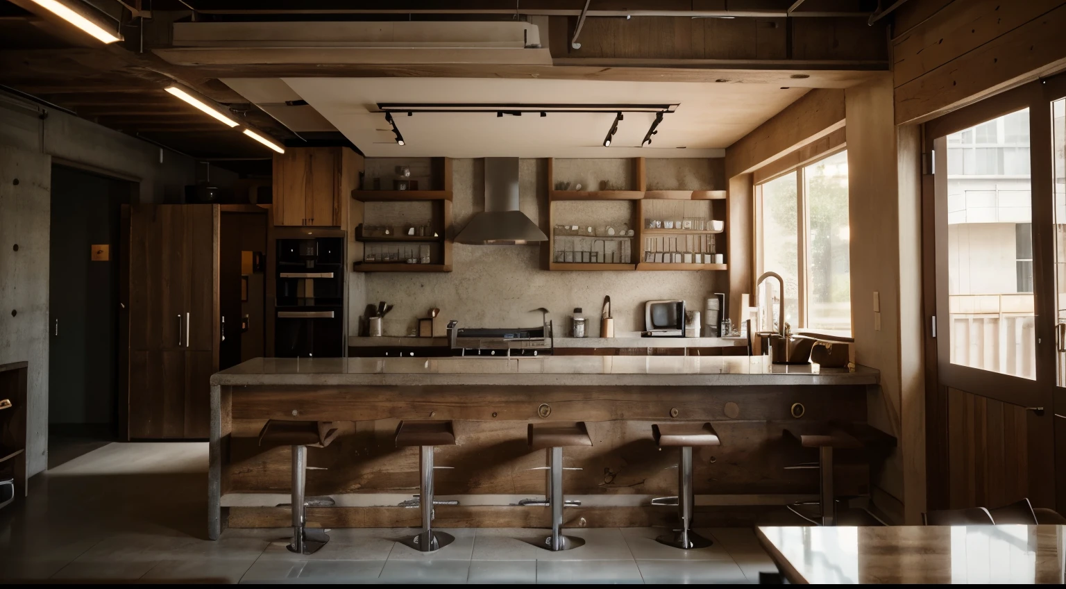 there is a kitchen studio with a bar coffee and a shelf with bakery, a portrait by Yasushi Sugiyama, unsplash, mingei, cafe interior, brutal concrete interiors, interior, architectural shot, dezeen, interior architecture view, wooden interior, coffee shop, dezeen showroom, industrial and future space, concrete hitech interior, shot on leica sl2, rustic, depth of field, Fujicolor, film grain, bloom, blending, cinematic lighting, best quality, high quality, high details, super detail, textured skin, highres, 8k