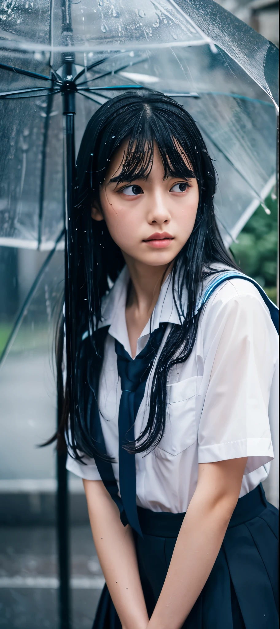 1girl, long black hair, uniform, shy, blush, wet, rain, transparent, (masterpiece, best quality), soft light, cinematic composition, cinematic light