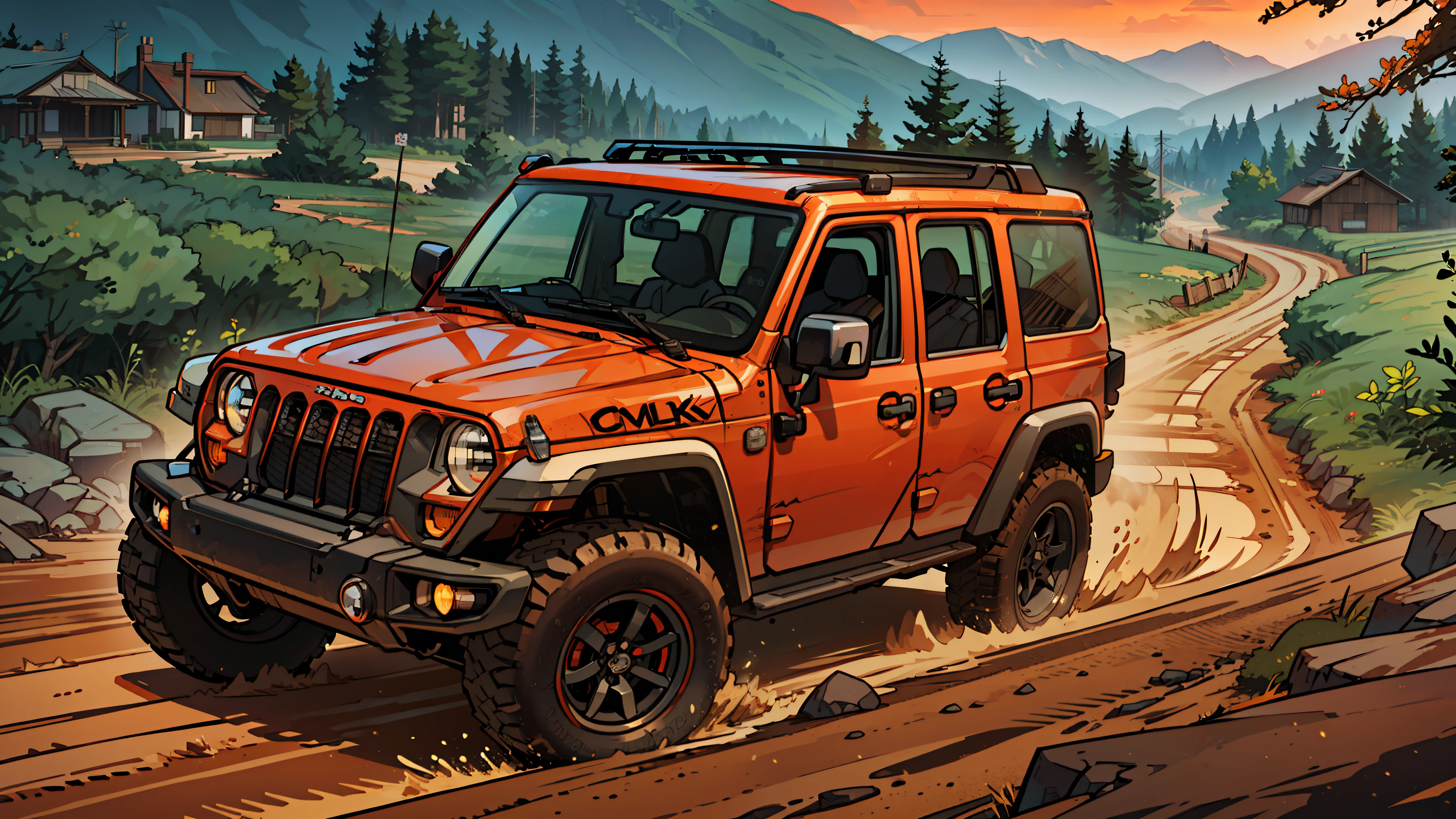 best quality,Comic style 1.5:(front view 1.5) Orange red off-road jeep，Across the muddy path。The lines are rough。logo style。thick line，vector。