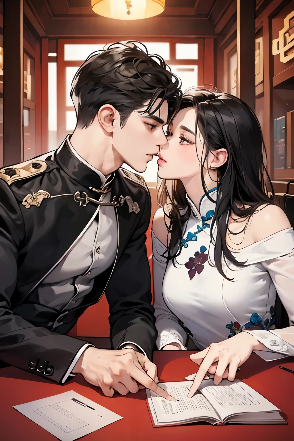 (table top, digital art, digital illustration, 4k, 8K, Super detailed, beautiful images, clear image, realistic, Raw photo, perfect face, perfect lines, perfect eyes, soft lighting) 1 female, (long black hair,straight hair,bullish look,beautiful woman,qipao dress、solid makeup,23 year old female,small breasts:1.3),secretary, Two handsome men in suits, (human,man wearing a suit,muscular,solid shoulder width,adult male,boyish hairstyle,british gentleman&#39;s style,A man in his 30s with a cool expression,28 year old man with a bright smile:1.2),couple kissing、kiss、the kiss、romance、kiss、Yokohama Chinatown、china taste、chinatown date、Eat around、Meat Bun、fruit candy、Big eating challenge