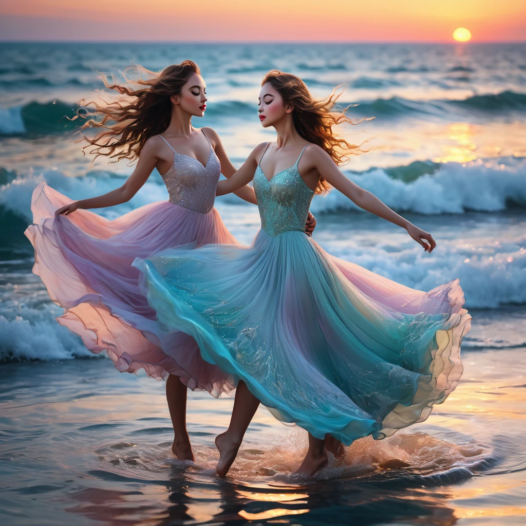 People Dancing on the Sea Surface, aesthetic, extremely detailed, dancing people,seaside sunset landscape,beautiful detailed eyes,beautiful detailed lips,longeyelashes,graceful ballet movements,flowing dresses,floating on water,gentle sea breeze,rippling waves,serene atmosphere,(best quality,4k,8k,highres,masterpiece:1.2),ultra-detailed,(realistic,photorealistic,photo-realistic:1.37),impressionistic style,vibrant colors,soft pastel tones,subtle lighting