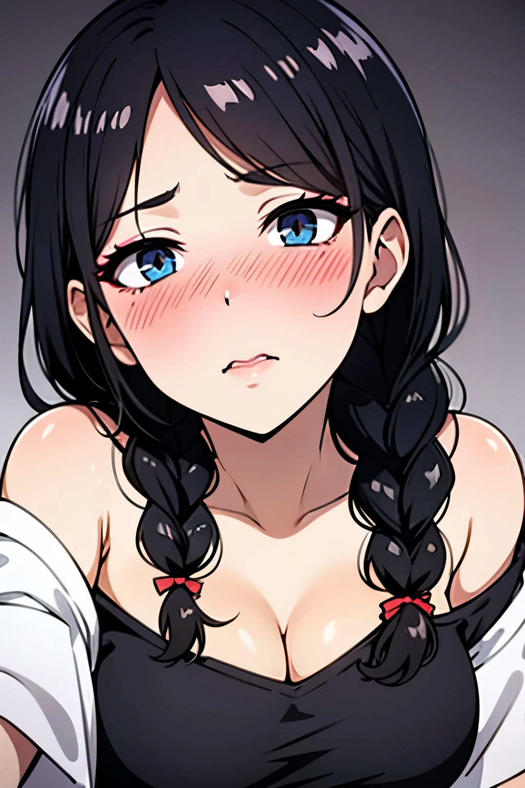Sexy woman, black hair, single braid, seductive eyes, intense gaze, mouth parted, deep blush, flustered, beautiful face, amazing makeup, off shoulder t shirt