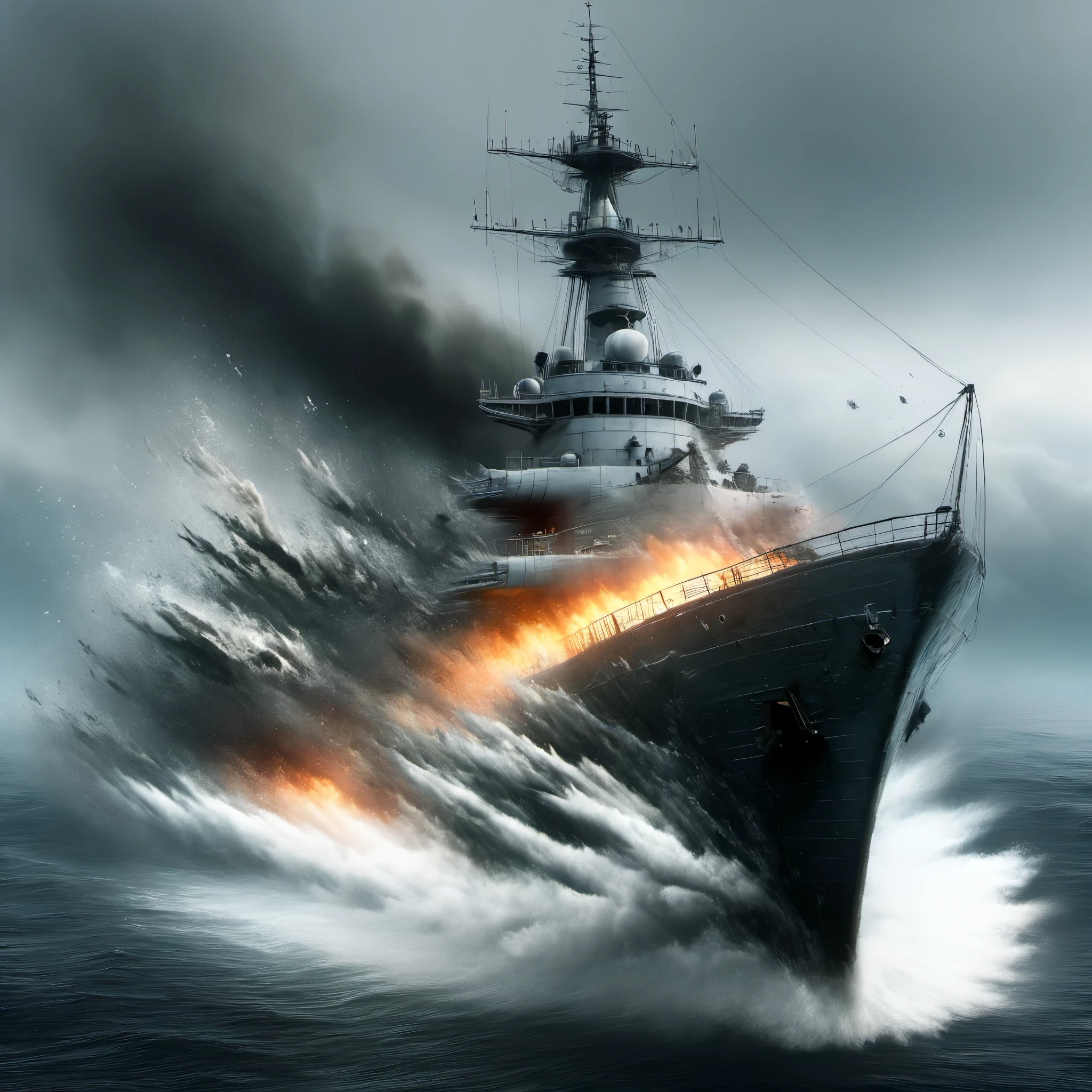 a sinking military cruiser,(best quality,ultra-detailed,realistic,highres),modern warship,sinking,stormy sea,damage,huge waves,dark clouds,desperation,chaos,explosions,smoke and fire,ominous atmosphere,(long distance view, aerial view)