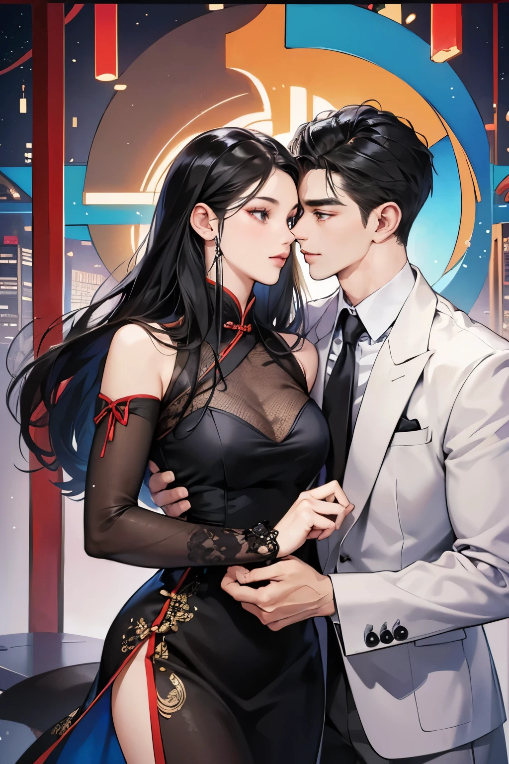 (table top, digital art, digital illustration, 4k, 8K, Super detailed, beautiful images, clear image, realistic, Raw photo, perfect face, perfect lines, perfect eyes, soft lighting) 1 female, (long black hair,straight hair,bullish look,beautiful woman,qipao dress、solid makeup,23 year old female,small breasts:1.3),secretary, Two handsome men in suits, (human,man wearing a suit,muscular,solid shoulder width,adult male,boyish hairstyle,british gentleman&#39;s style,A man in his 30s with a cool expression,28 year old man with a bright smile:1.2),couple kissing、kiss、the kiss、romance、kiss、Yokohama Chinatown、china taste、chinatown date、Eat around、Meat Bun、fruit candy、Big eating challenge