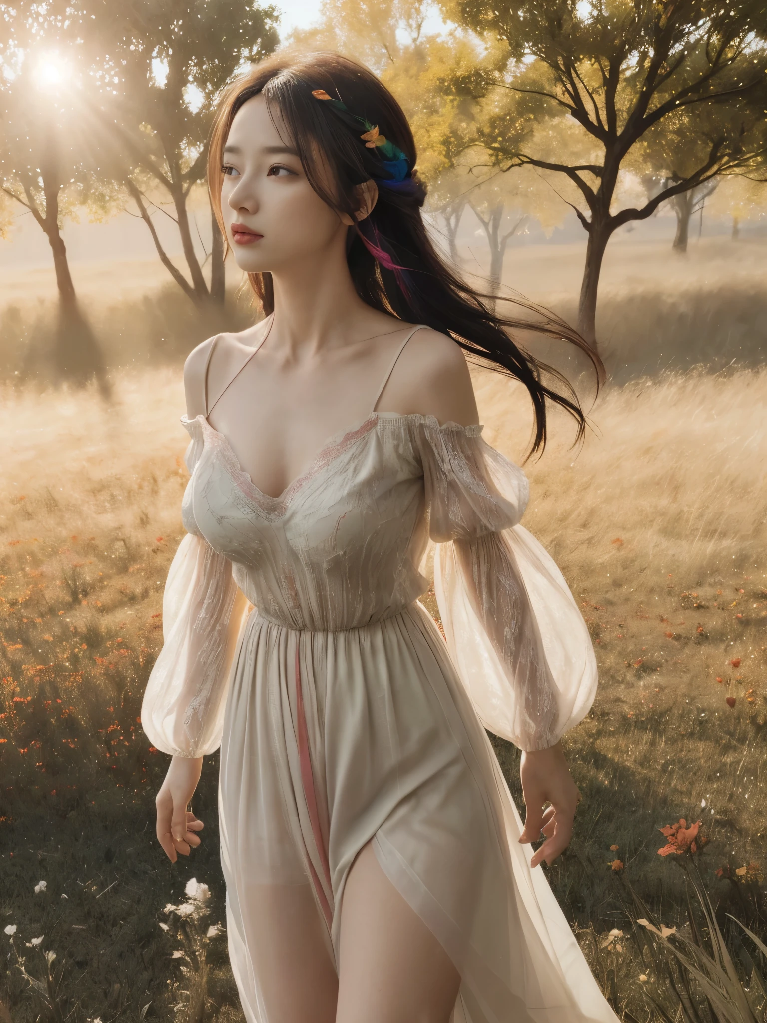 1girl,leogirl,tsurime,solo,(bright red lips,blush:0.8),huge breasts,(sagging breasts:1.2),braids,walking,pose,
(multicolored background,see-though high-waist lace chiffon dress with sleeves,plunging neckline,off shoulder:1.2),(dreamflower,multicolored_background,A melancholic autumn scene in a vast flower field,a gentle breeze rustling through the dry grass,fallen leaves scattered among the flowers,a bittersweet atmosphere,a moment of quiet contemplation,Soft and warm color palette,delicate brushwork,evocative use of light and shadow,subtle details in the wilting flowers,high contrast,color contrast),butterfly,
masterpiece,official art,best quality,high quality,highres,natural light,ray tracing,volumetric light,realistic,photorealistic,ultra highres,vivid,nostalgia,bokeh,