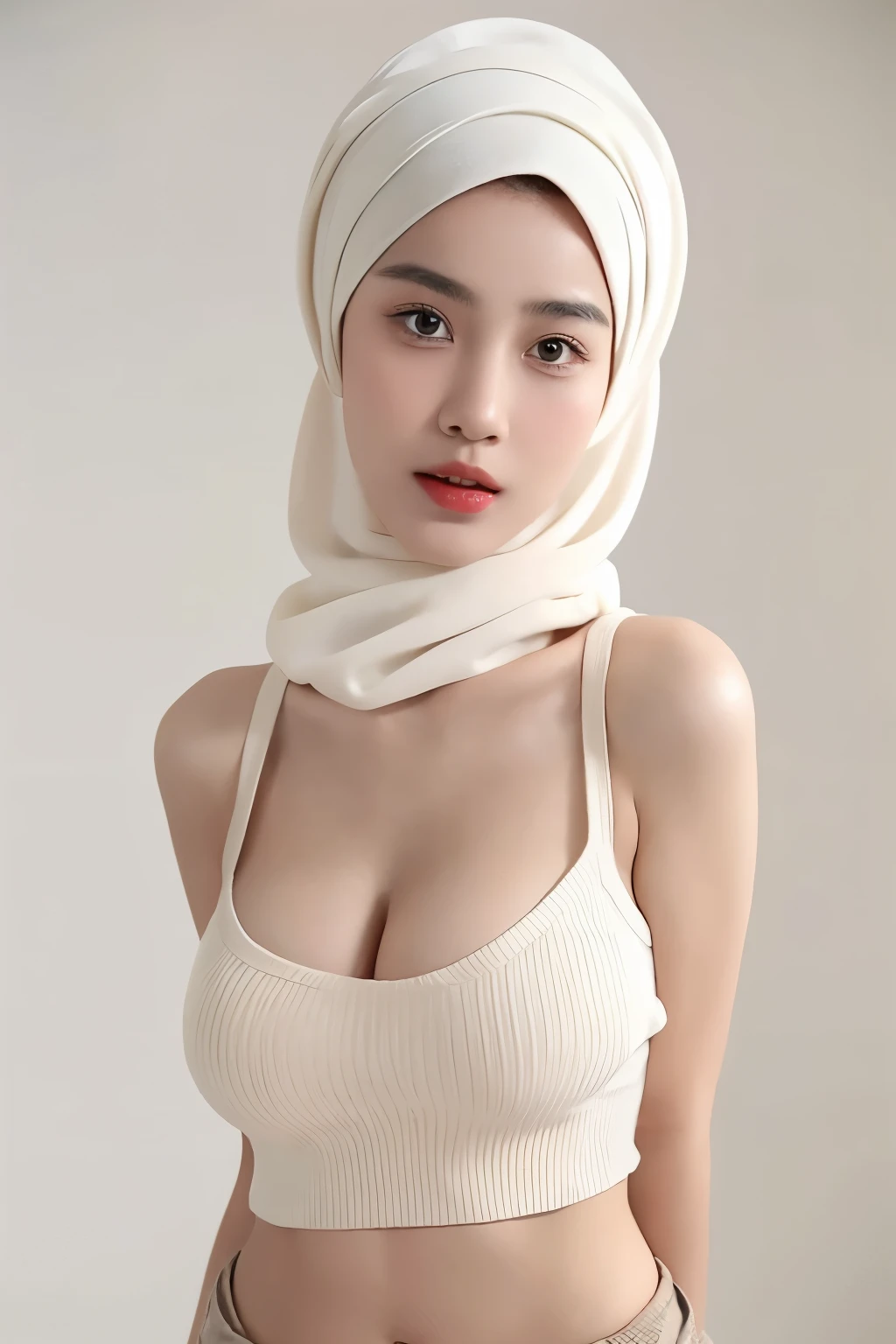 （lifelike,high resolution：1.3）， a muslim girl， The face shape and eyes are super delicate,red glossy lips,(beautiful face), (best quality), (Super detailed), (Extremely detailed CG unified 8K wallpaper),((women headscarf)),(White background),(cleavage),sexy look,big eyes,(standing),(Slim waistline),perky breasts,soft breasts,very realistic breasts,sexy pose,(Big breasts),Character centered,(low-cut sweater),dark skin,Indonesian,of the top