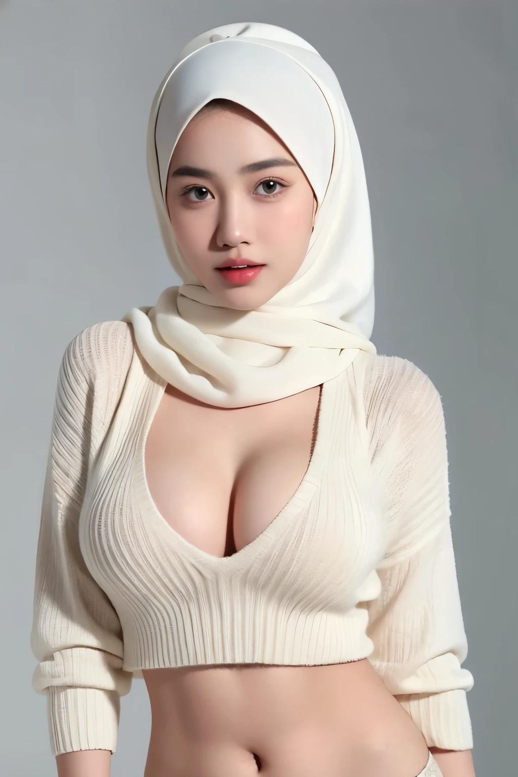 （lifelike,high resolution：1.3）， a muslim girl， The face shape and eyes are super delicate,red glossy lips,(beautiful face), (best quality), (Super detailed), (Extremely detailed CG unified 8K wallpaper),((women headscarf)),(White background),(cleavage),sexy look,big eyes,(standing),(Slim waistline),perky breasts,soft breasts,very realistic breasts,sexy pose,(Big breasts),Character centered,(low-cut sweater),dark skin,Indonesian,blue top