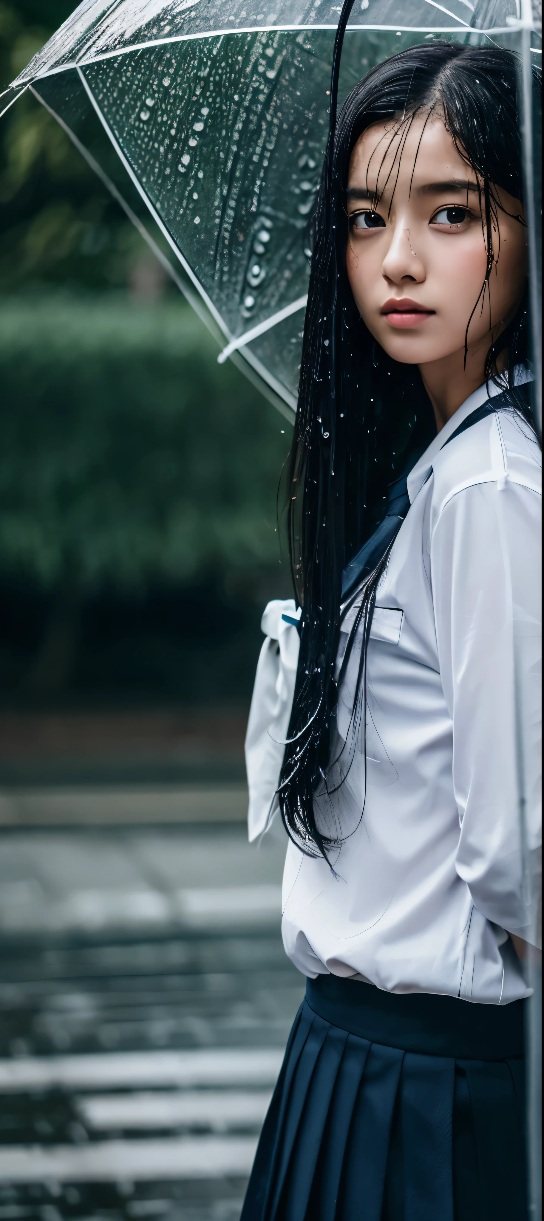 1girl, long black hair, uniform, shy, blush, wet, rain, transparent, (masterpiece, best quality), soft light, cinematic composition, cinematic light