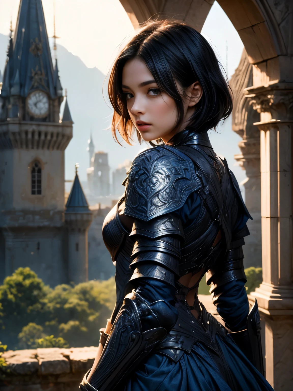 (((Best Quality))), ((Ultra-detailed)), (extremely detailed photo), ((extremely delicate and beautiful)),(Cute delicate face), ((masterpiece)), perfect anatomy, intricate, (highly detailed), masterpiece, photorealistic, (A tall and 32 years old cool girl),(indigo and black armor:1.3), ((Castle Ruins)) ,(upper body),(holding glowing sword),alone,(black hair and short hair), looking at viewer, double eyelid,delicate skin,slender body shape,dynamic pose