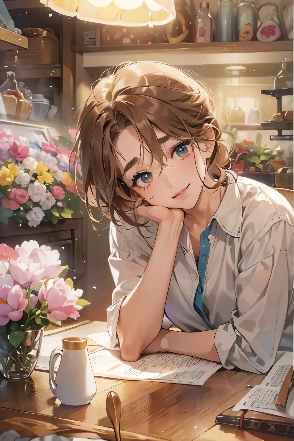 (table top, digital art, digital illustration, 4k, 8K, Super detailed, beautiful images, clear image, realistic, Raw photo, perfect face, perfect lines, perfect eyes, soft lighting) 1 female, (light brown hair,chignon hair,innocent look,droopy eyebrows,droopy eyes,With a round face,round chin、innocence,cute,Big eyes,natural makeup,smile gently,E cup,23 years old:1.3),Two handsome men in suits, (human,man wearing a suit,muscular,solid shoulder width,adult male,boyish hairstyle,A man in his 30s with a cool expression,28 year old man with a bright smile:1.2),flower shop,おflower shopさんの店頭で,flower cottage,colorful flowers,skinny denim,oversized hoodie,Feminine white shirt,Rough knit,(nervous,please be shy,sleepy,embarrassing:1.1),couple、couple kissing、kiss、the kiss、romance