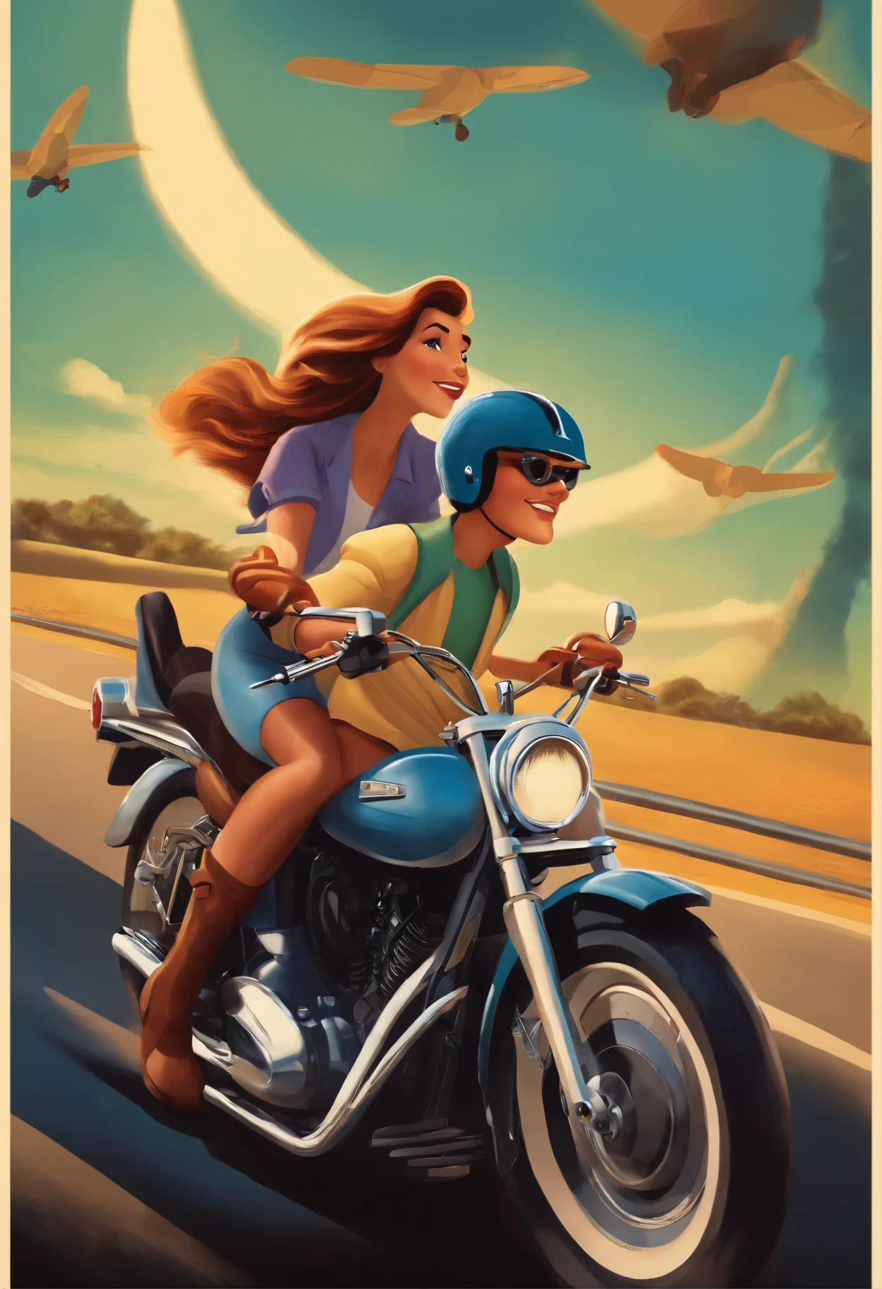 
Disney Pixar poster of a couple riding a motorbike