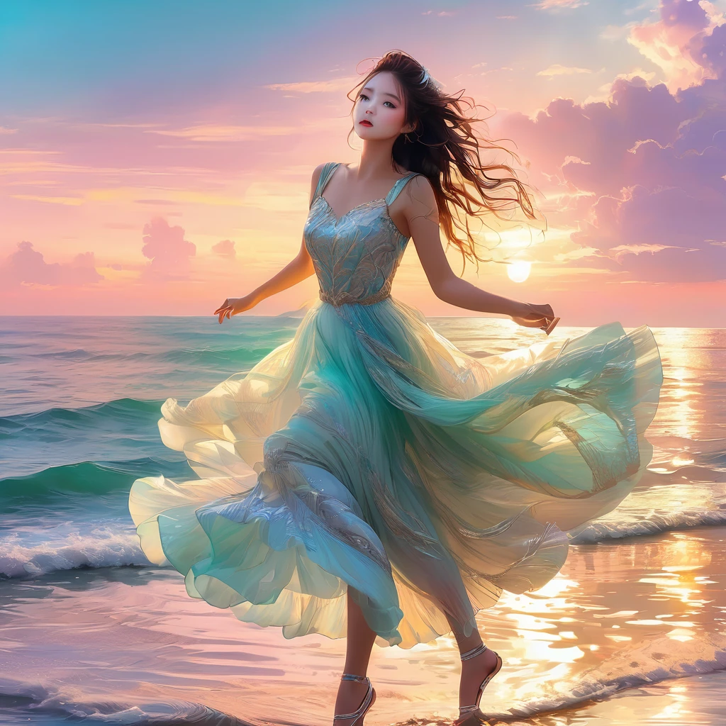 People Dancing on the Sea Surface, aesthetic, extremely detailed, dancing people,seaside sunset landscape,beautiful detailed eyes,beautiful detailed lips,longeyelashes,graceful ballet movements,flowing dresses,floating on water,gentle sea breeze,rippling waves,serene atmosphere,(best quality,4k,8k,highres,masterpiece:1.2),ultra-detailed,(realistic,photorealistic,photo-realistic:1.37),impressionistic style,vibrant colors,soft pastel tones,subtle lighting