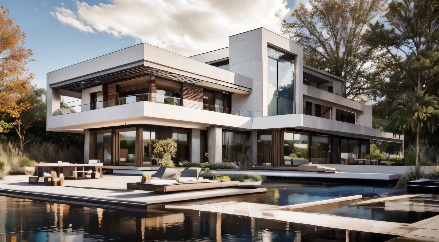 the exterior of the house; garden landscape, a pool with clear water, daytime, realistic, wide angle, (( render vray )), cloudy sky, morning, sunlight, European plants, render, spring light, detailed, modern style, clear image, glasses, high reflection, RAW photo, (high detailed skin:1.2), 8k UHD, DSLR, soft lighting, high quality, film grain, Fujifilm XT3