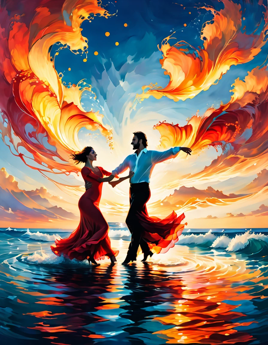 A beautiful couple in the middle of the sea ((dancing sensual flamenco on the surface of the sea:1.8)), ((the waves represent the dance floor:1.7)), reflection of the sunset reflected in the waves of the ocean in the background