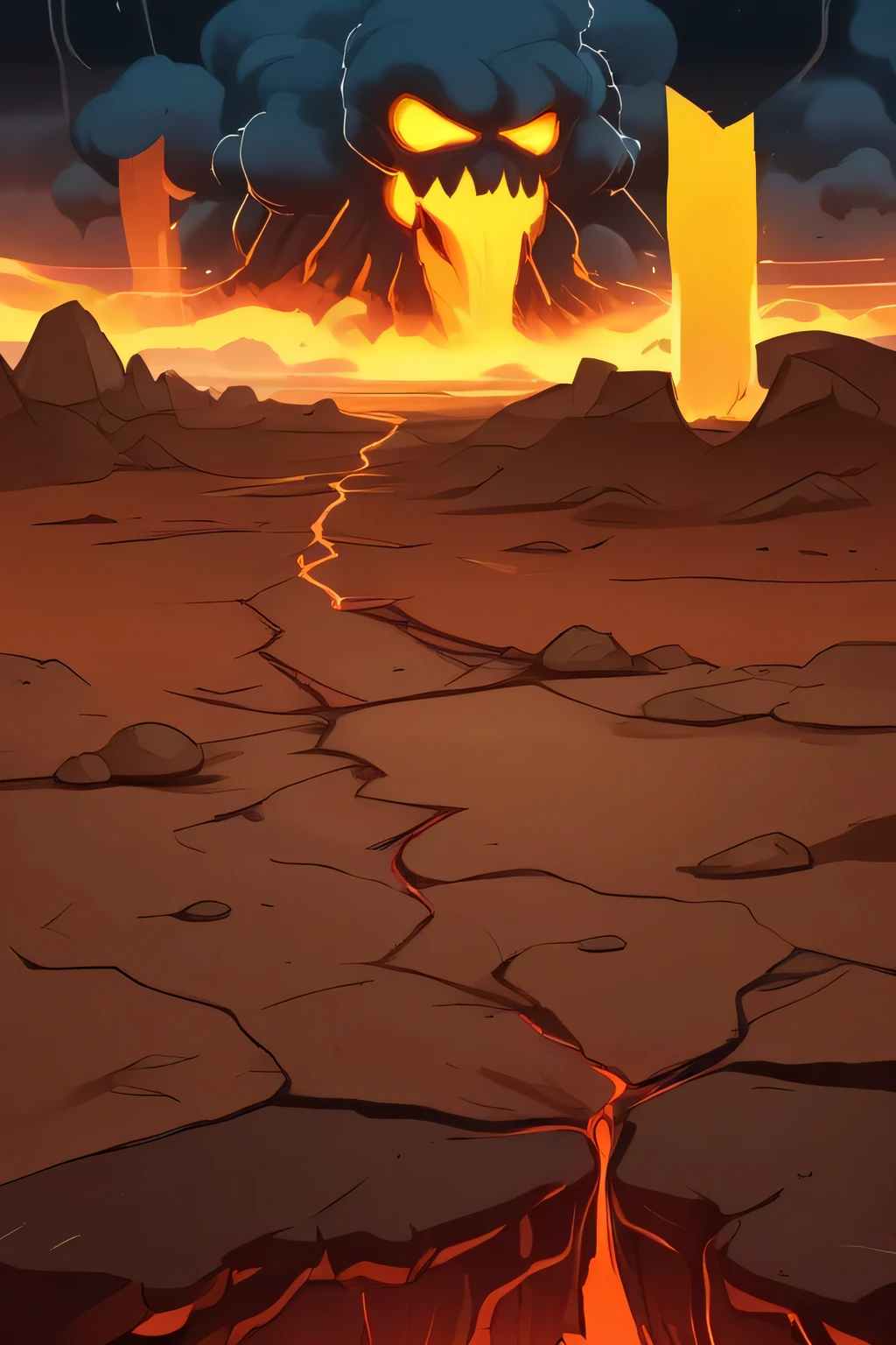 battlefield, Lava flows down the side,fiery sky, thunderstorm, dusk,There are several cracks in the ground,cartoon style,Cartoon game,Q version