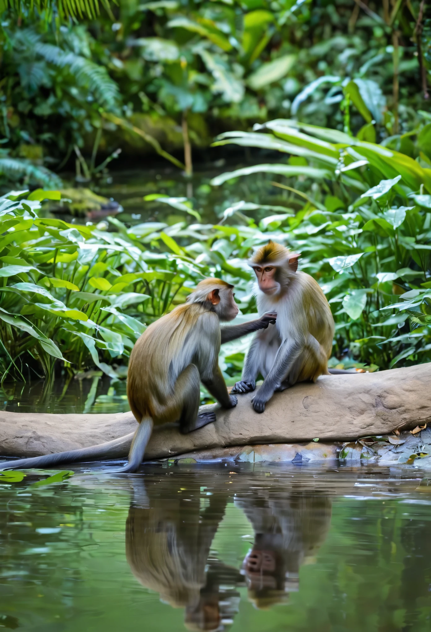 Two monkeys playing in a forest pond. 