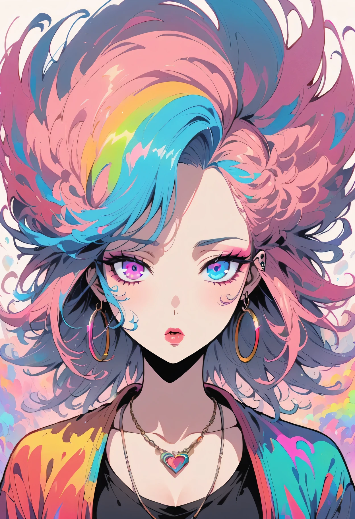 Upper body standing painting, rainbow style, 1 sister, alone, long gray hair, looking at the audience, blue eyes background, White background, jewelry, Jacket, pink hair, ear nipple ring, pink eyes, necklace, sweater, careful, eyelash, cosmetics, curls, punching, lipstick, piercing ears, eye shadow, hoop earrings, red pink lips, Color eyes, pink theme, 粉紅色eye shadow,