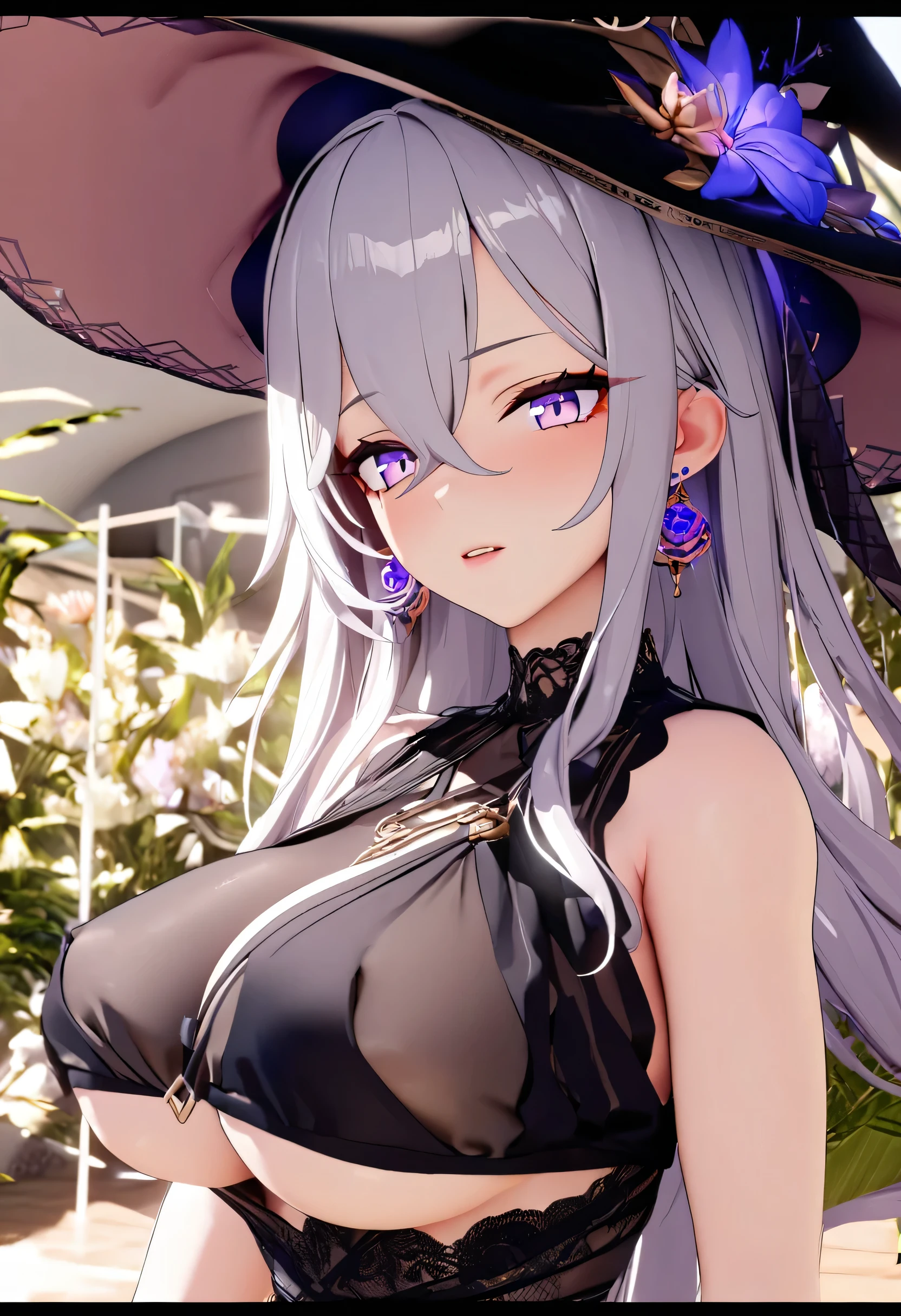 MMD,(masterpiece, best quality:1.2), 1 girl, black headdress, breast, earrings, flower, have, jewelry, long hair, looking at the audience, purple eyes, alone, witch have