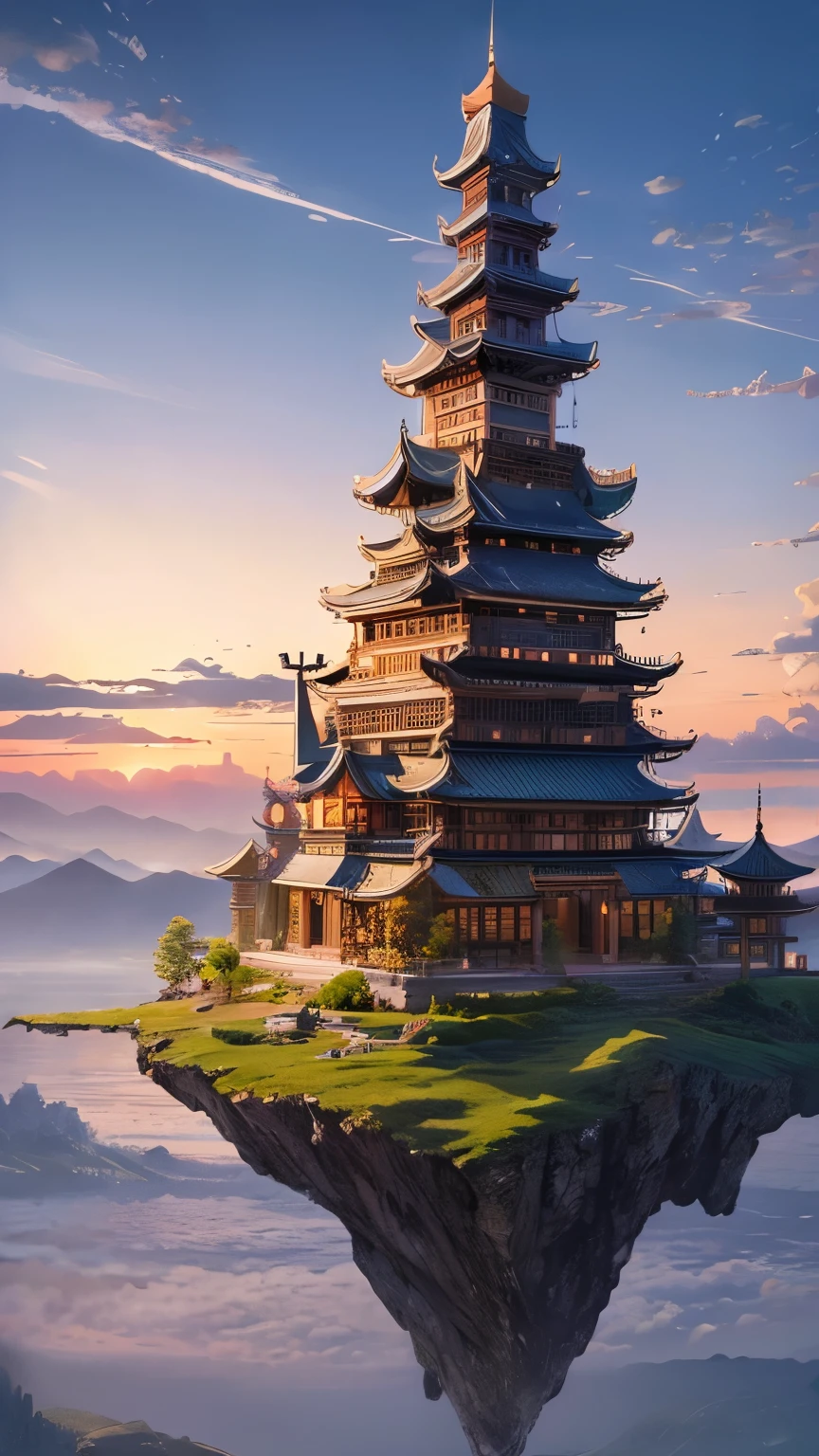 highest quality。masterpiece。detailed details。floating in the air、Floating island with ruins。The background is the twilight sky。