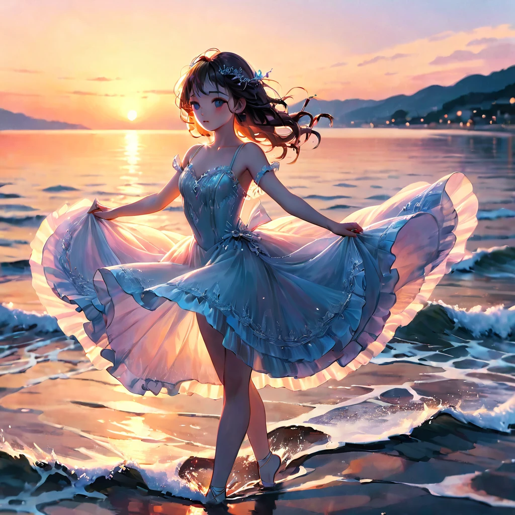 People Dancing on the Sea Surface, aesthetic, extremely detailed, dancing people,seaside sunset landscape,beautiful detailed eyes,beautiful detailed lips,longeyelashes,graceful ballet movements,flowing dresses,floating on water,gentle sea breeze,rippling waves,serene atmosphere,(best quality,4k,8k,highres,masterpiece:1.2),ultra-detailed,(realistic,photorealistic,photo-realistic:1.37),impressionistic style,vibrant colors,soft pastel tones,subtle lighting
