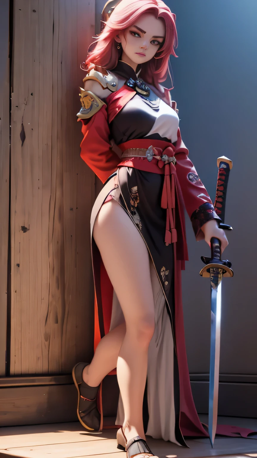 a woman kneeling down with a sword in her hand, very beautiful cyberpunk samurai, she is holding a katana sword, unsheathing her katana, she is holding a sword, ornate korean polearm behind her, realistic anime 3D style, anime fantasy artwork, cgsociety 9,2.5D cgi anime fantasy artwork, 3 d anime realistic.pose beautiful.redAssassin.Standing and sitting with his hands on his knees, Carry the sword on your shoulder.talogic.(Stand with your arms crossed over your chest, your back against the wall).poselolita.hair white.