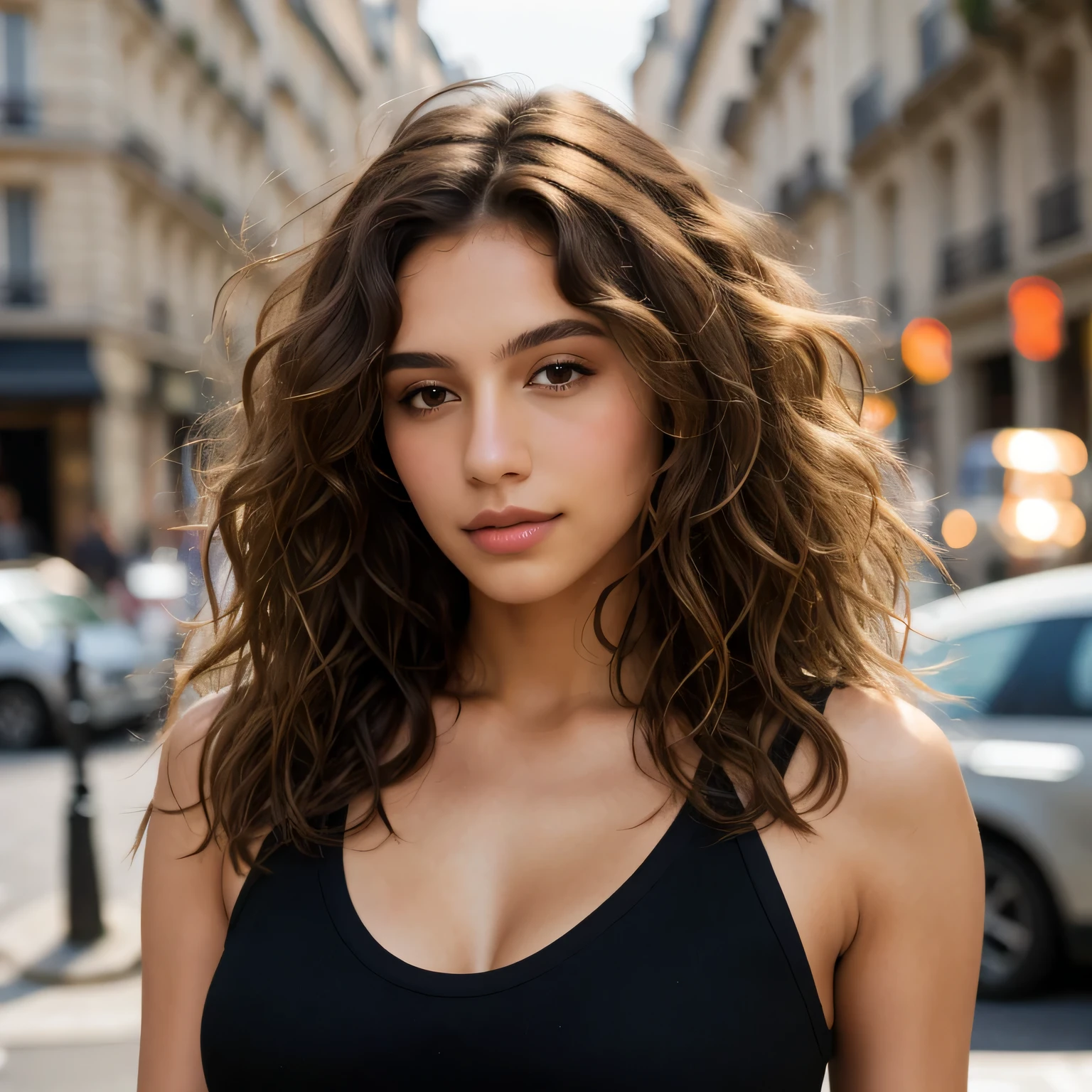 (masterpiece, best quality), Beautiful woman, Sleeveless Turtleneck Top, Pants, Collier, curls, Perfect face, Pretty Face, attractive, Beautiful big eyes, open mouth, content, Perfect slim body, (outdoor), City Streets, New York, Vibrant colors