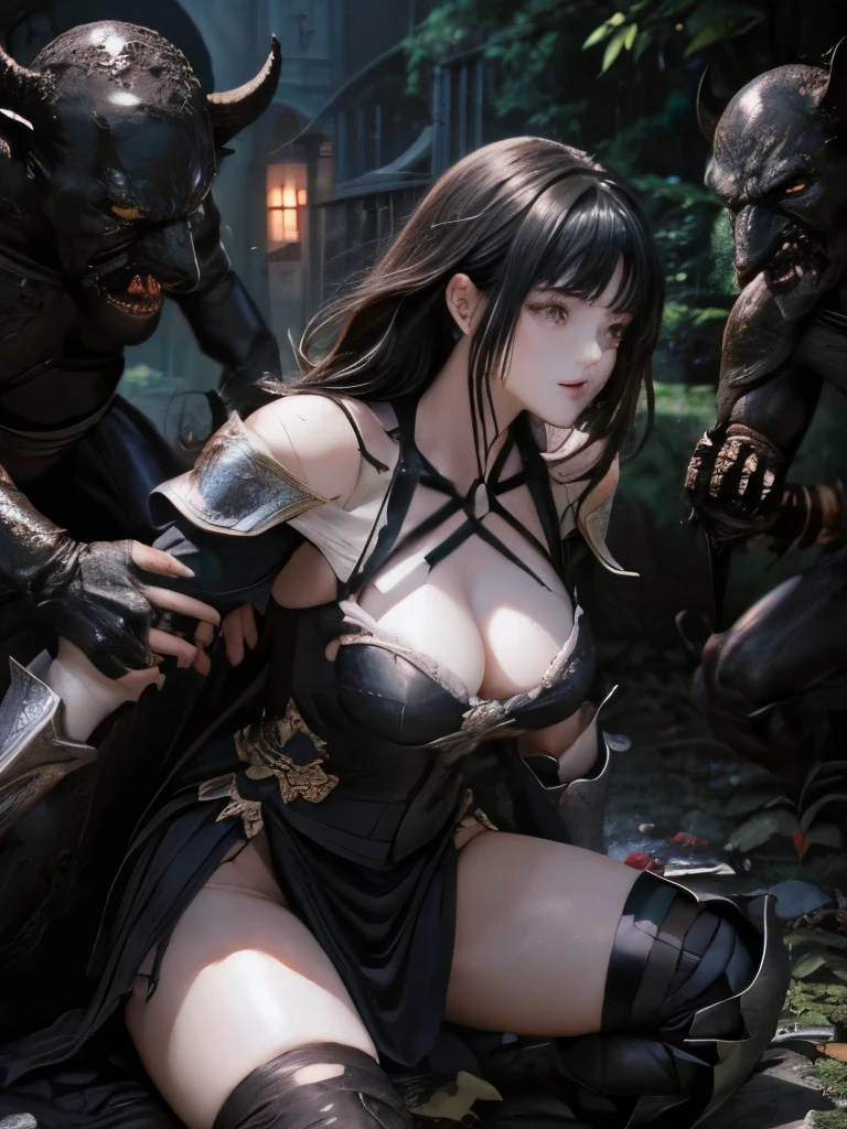 highest quality、black-haired woman with medium hair、２fight the big black monster、clear eyes、white off shoulder armor、Beautifully exposed thighs、A big black monster grabs a woman&#39;s leg、A big black monster grabs a woman&#39;s arm、dark night swamp、another world、dark fantasy