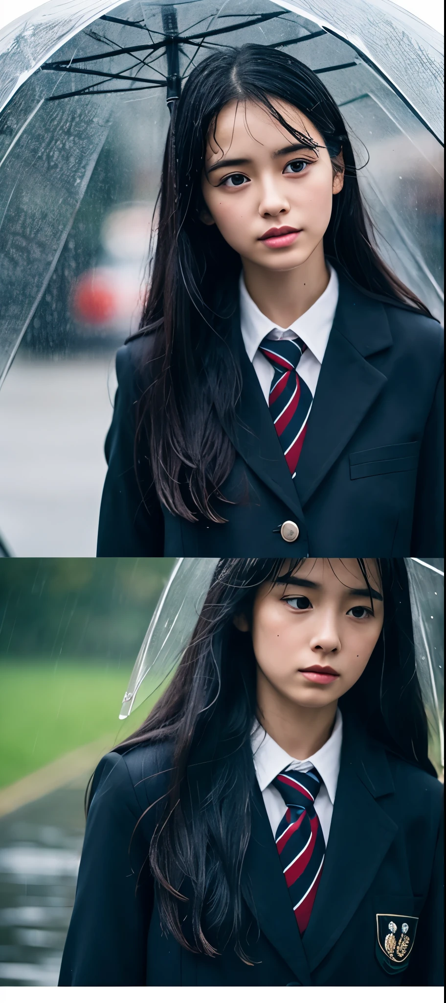 1girl, long black hair, uniform, shy, blush, wet, rain, transparent, (masterpiece, best quality), soft light, cinematic composition, cinematic light