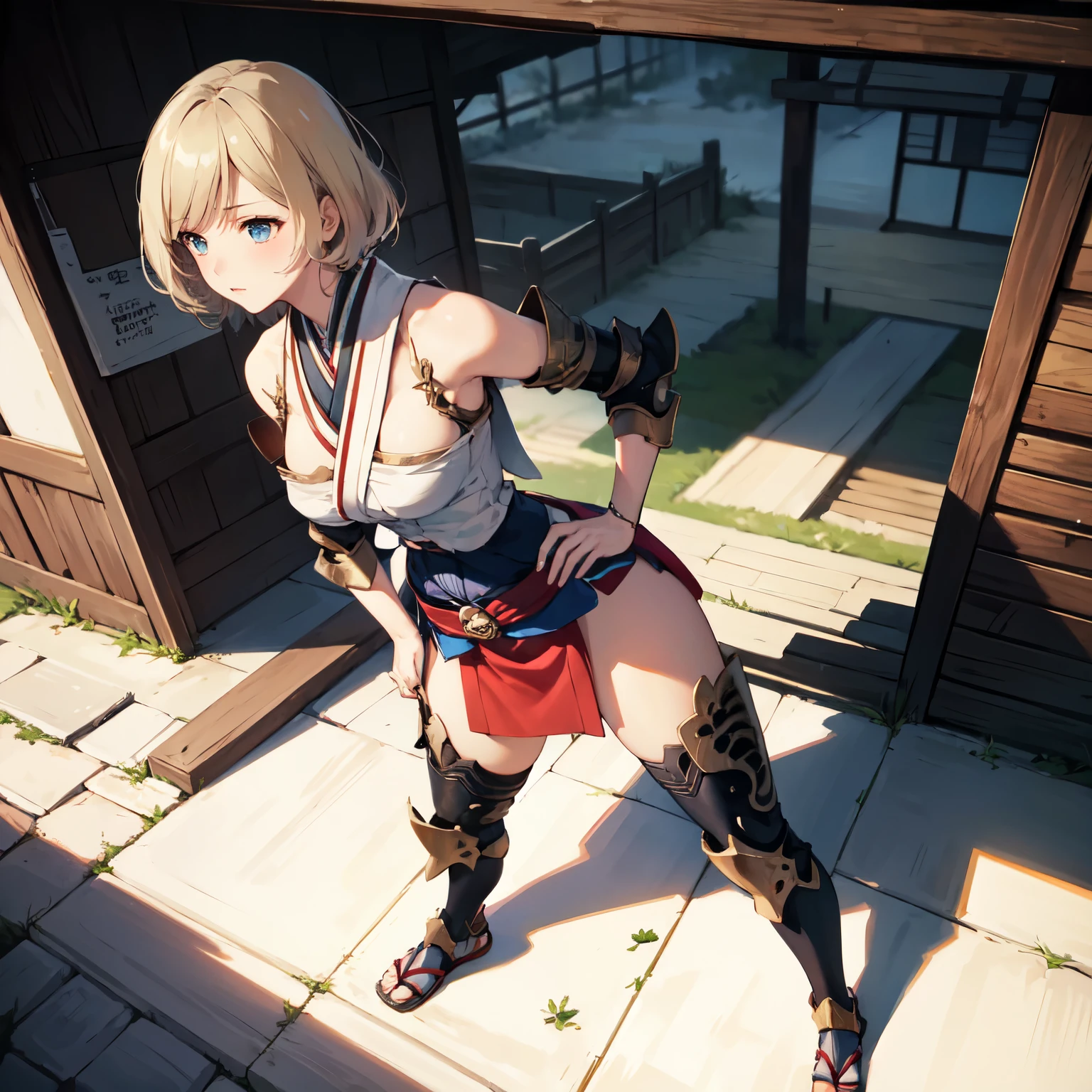 masterpiece, best quality, absurdres, perfect anatomy, 1girl, solo, Ashelia, short hair, blonde hair, (kunoichi), japanese armor, shoulder armor, standing, outdoors, japanese village, confident stance, dynamic angle, hand on hips