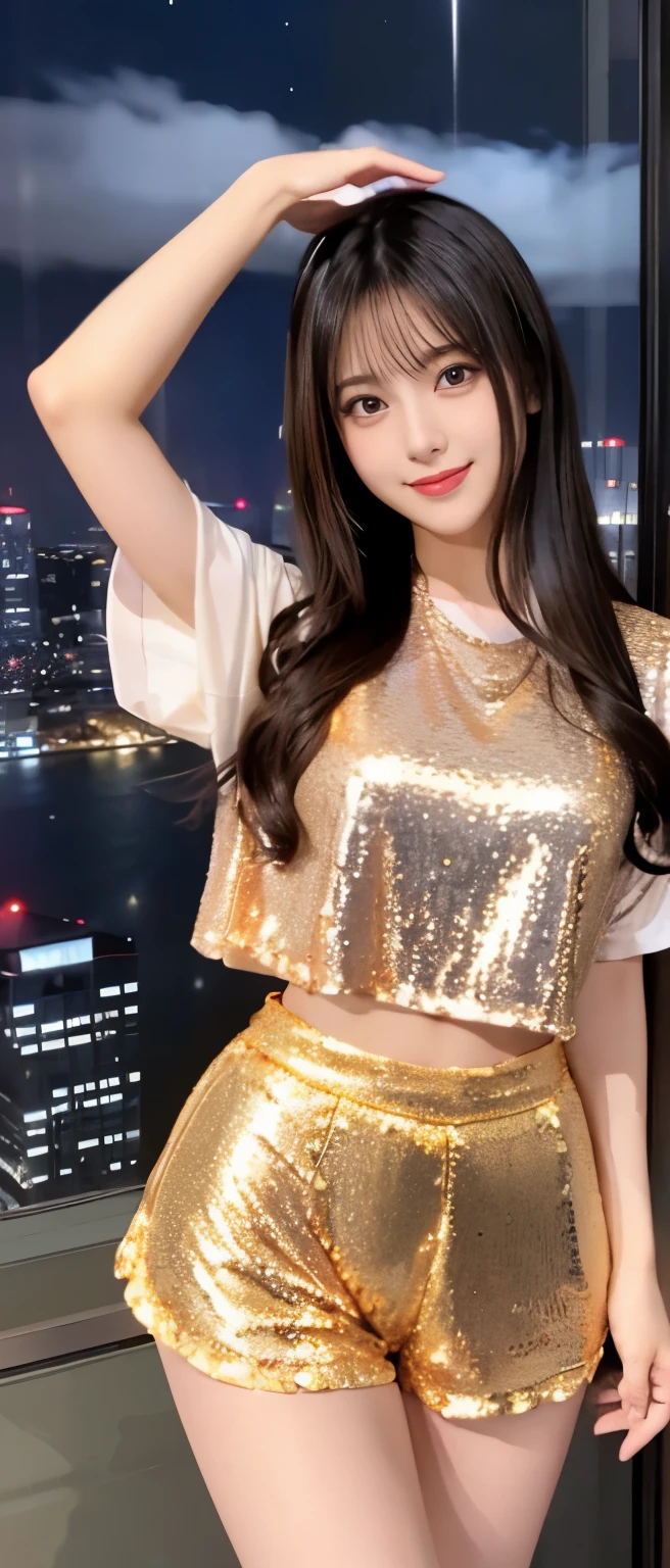 gorgeous girl、whole body、good style、、、、、long hair、gold sequin shorts costume、Neat and clean idol face、beautiful night view、beautiful feet
