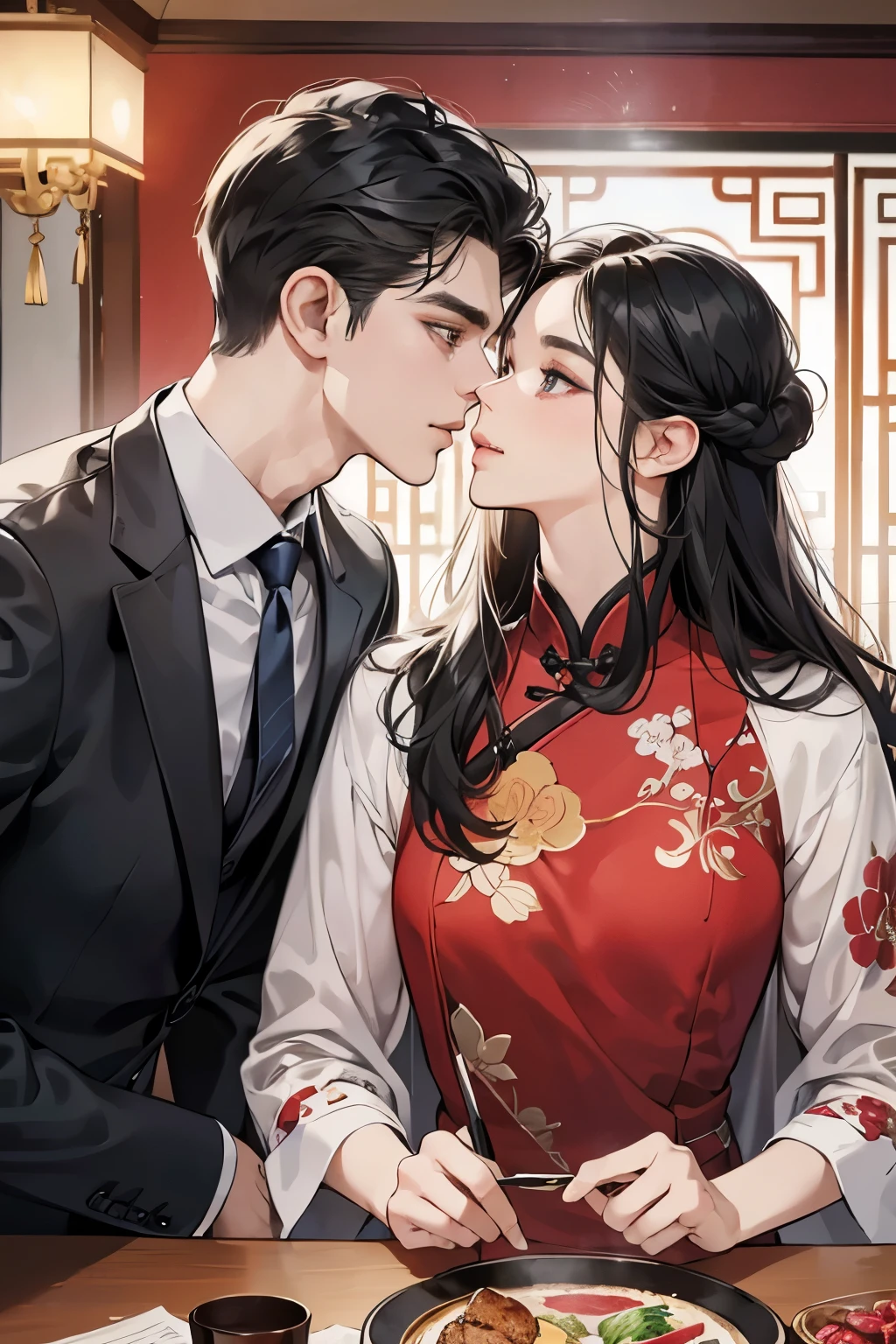 (table top, digital art, digital illustration, 4k, 8K, Super detailed, beautiful images, clear image, realistic, Raw photo, perfect face, perfect lines, perfect eyes, soft lighting) 1 female, (long black hair,straight hair,bullish look,beautiful woman,qipao dress、solid makeup,23 year old female,small breasts:1.3),secretary, Two handsome men in suits, (human,man wearing a suit,muscular,solid shoulder width,adult male,boyish hairstyle,british gentleman's style,A man in his 30s with a cool expression,28 year old man with a bright smile:1.2),couple kissing、kiss、the kiss、romance、kiss、Yokohama Chinatown、china taste、chinatown date、Eat around、Meat Bun、fruit candy、Big eating challenge