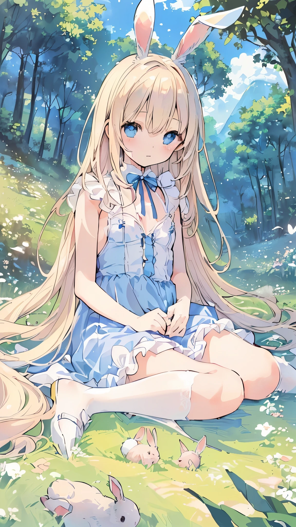 High resolution, (An illustration: 1.3), anime、((highest quality)), (Super detailed), (beautiful), ((Peaceful rural scenery、sunbathing:1.3)), alone,(Young girl with small breasts、8-year-old:1.4)、cute face、(rabbit ears、****ta clothes:1.4),white and transparent skin、(blue ribbon on head:1.3)、Shiny pale colorful blonde long hair,happy face、(low position、from below:1.3)