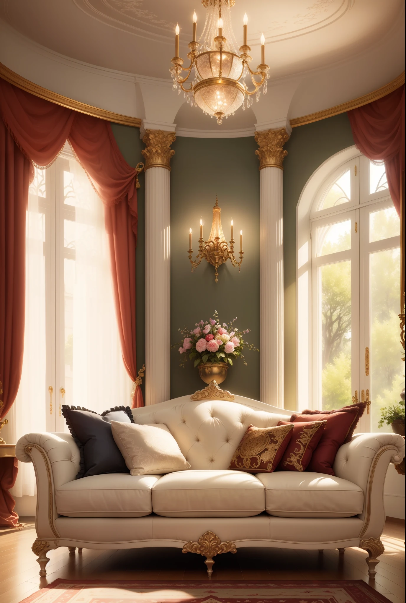 The living room is decorated in European style, Luxurious and sophisticated atmosphere. Intricate details of the interior decoration emphasize the refined style of the room., and the carefully thought-out decorative design adds the perfect finishing touch.
