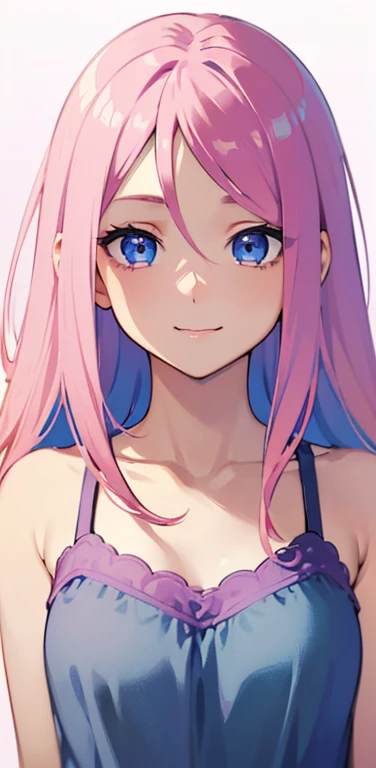 Realistic、1girl、pink hair、blue eyes、(eye focus:1.3,face focus:1.3,upper body:1.5),(gradient eyes:1.3),(camisole)、open mouth,(shy smile:1.3),forehead,cute face,portrait,beach、