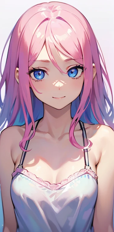 Realistic、1girl、pink hair、blue eyes、(eye focus:1.3,face focus:1.3,upper body:1.5),(gradient eyes:1.3),(camisole)、open mouth,(shy smile:1.3),forehead,cute face,portrait,beach、