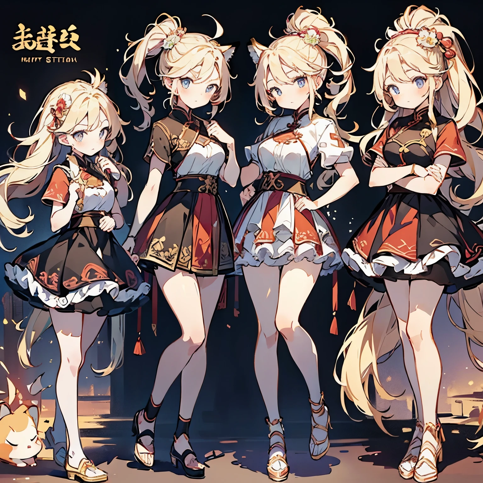 masterpiece: 1.6, highest quality: 1.4, intricate details: 1.2, Hand-painted Q version image，alone, (blonde), long hair, French braided long curly hair is cute，amount: 2.5, fox ears, fox tail: 4, deep blue eyes, bright eyes, big breasts, exposed thighs:1.7, Cute Chinese style tutu skirt with red celebration, short skirt，Pouch: 2.5, full body shot: 3, multiple views, front, return, ~ side, (Character setting material collection, Same character in different poses, personality reversal: 1.5, multiple views), light blush，Big eyes and small mouth，light blush，anger，Laughter