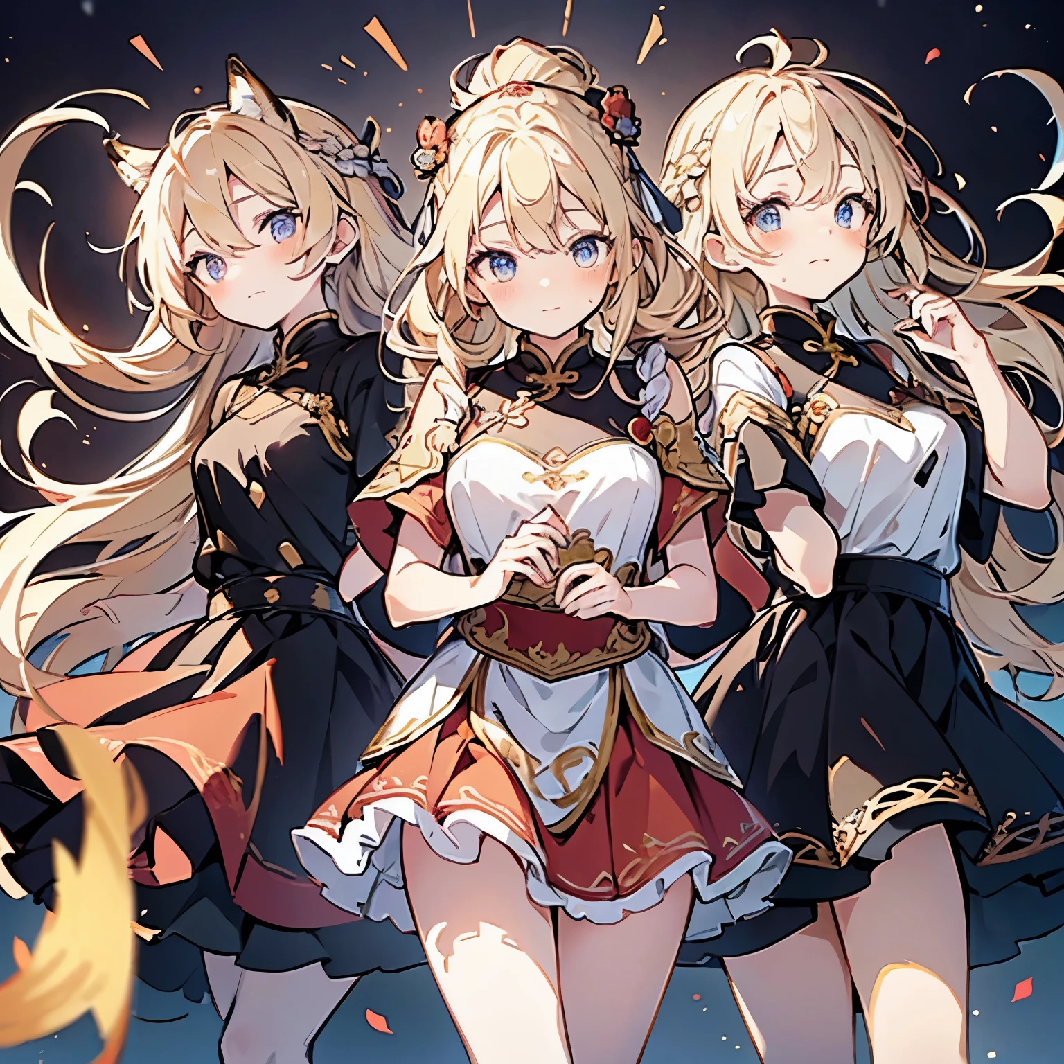 masterpiece: 1.6, highest quality: 1.4, intricate details: 1.2, Hand-painted Q version image，alone, (blonde), long hair, French braided long curly hair is cute，amount: 2.5, fox ears, fox tail: 4, deep blue eyes, bright eyes, big breasts, exposed thighs:1.7, Cute Chinese style tutu skirt with red celebration, short skirt，Pouch: 2.5, full body shot: 3, multiple views, front, return, ~ side, (Character setting material collection, Same character in different poses, personality reversal: 1.5, multiple views), light blush，Big eyes and small mouth，light blush，anger，Laughter