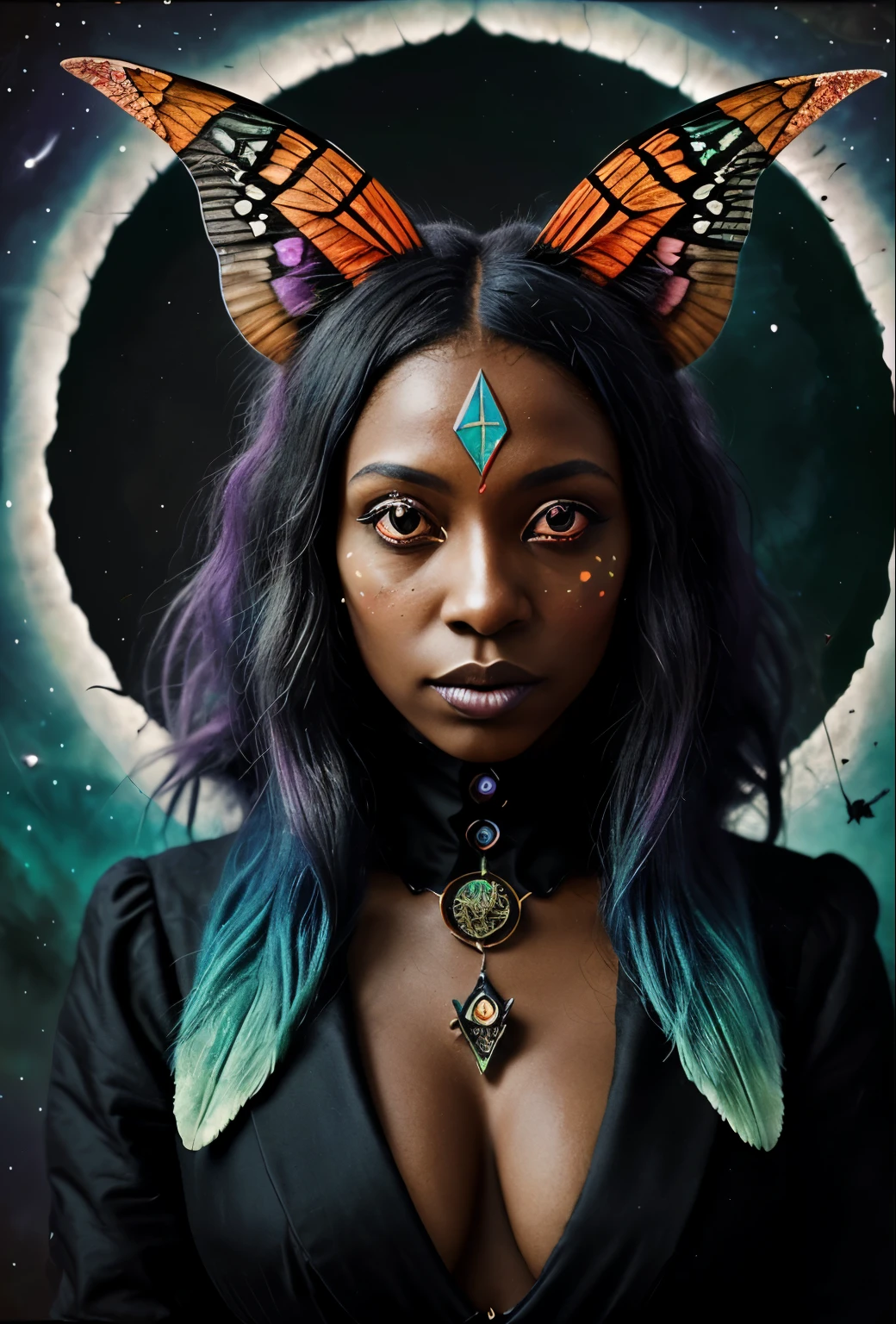 a colorful moth witch with moths around her, black woman, otherworldly, an album cover, aestheticism, moon and triangle background, surreal photography