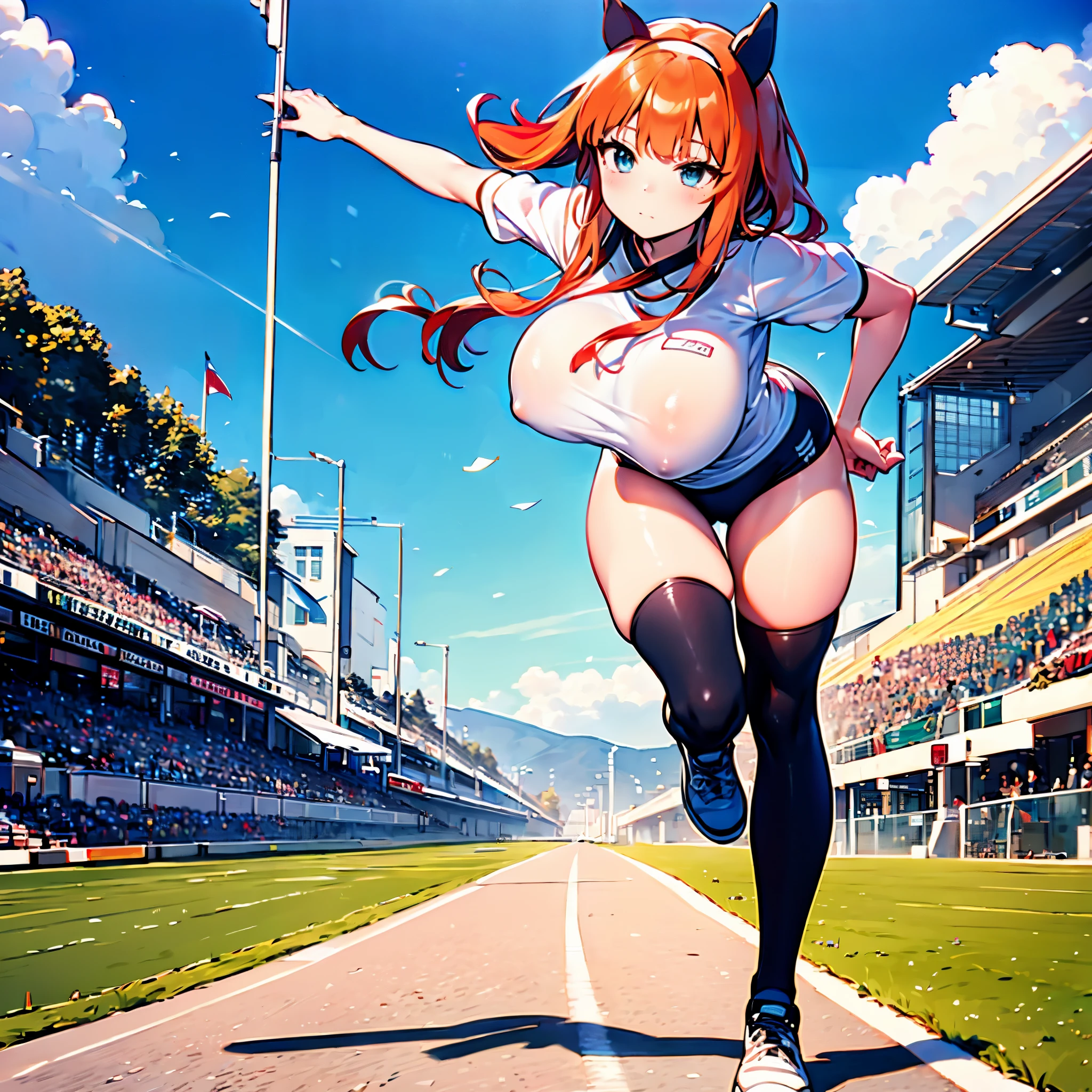 (1 Silence Suzuka running at field,) uma-musume, (solo:1.3), orange long hair, (bouncing unaligned huge breasts:1.2), white gym uniform, (tight short black brm:1.7), skinny, (bared skinny long legs), masterpiece