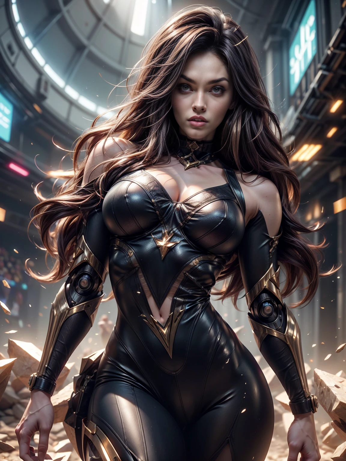 Cinematic, clear facial features and insanely detailed, it captures the essence of the woman (Megan Fox) with breathtaking beauty. The color grading is beautifully done, enhancing the overall cinematic feel. Unreal Engine brings her to life, her appearance even more mesmerizing. With the use of depth of field (DOF), every detail is focused and accentuated, drawing attention to her eyes and hair. The image resolution is at its peak, utilizing super-resolution technology to ensure every pixel is perfect. Cinematic lighting enhances her aura, while anti-aliasing techniques like FXAA and TXAA keep the edges smooth and clean. Adding realism to the robot-like body suit, RTX technology enables ray tracing, it look as if it's actually there. Additionally, SSAO (Screen Space Ambient Occlusion) gives depth and realism to the scene, the girl's presence even more convincing. In the post-processing and post-production stages, tone mapping enhances the colors, creating a captivating visual experience. The integration of CGI (Computer-Generated Imagery) and VFX (Visual Effectrings out her robotic features in a seamless manner. SFX (Sound Effects) complement the visual artistry, immersing the viewer further into this fantastic world. The level of detail is awe-inspiring, with intricate elements meticulously crafted, the artwork hyper maximalist and hyper-realistic. Volumetric effects add depth and dimension, and the photorealism is unparalleled. The image is rendered in 8K resolution, ensuring super-detailed visuals. The volumetric lightning adds a touch of magic, highlighting her beauty and aura in an otherworldly way. High Dynamic Range (HDR) technology makes the colors pop, adding richness to the overall composition. Ultimately, this artwork presents an unreal, yet stunningly real portrayal of an incredibly beautiful girl. The sharp focus ensures that every feature is crisply defined, leaving the audience captivated by her presence. --v testp