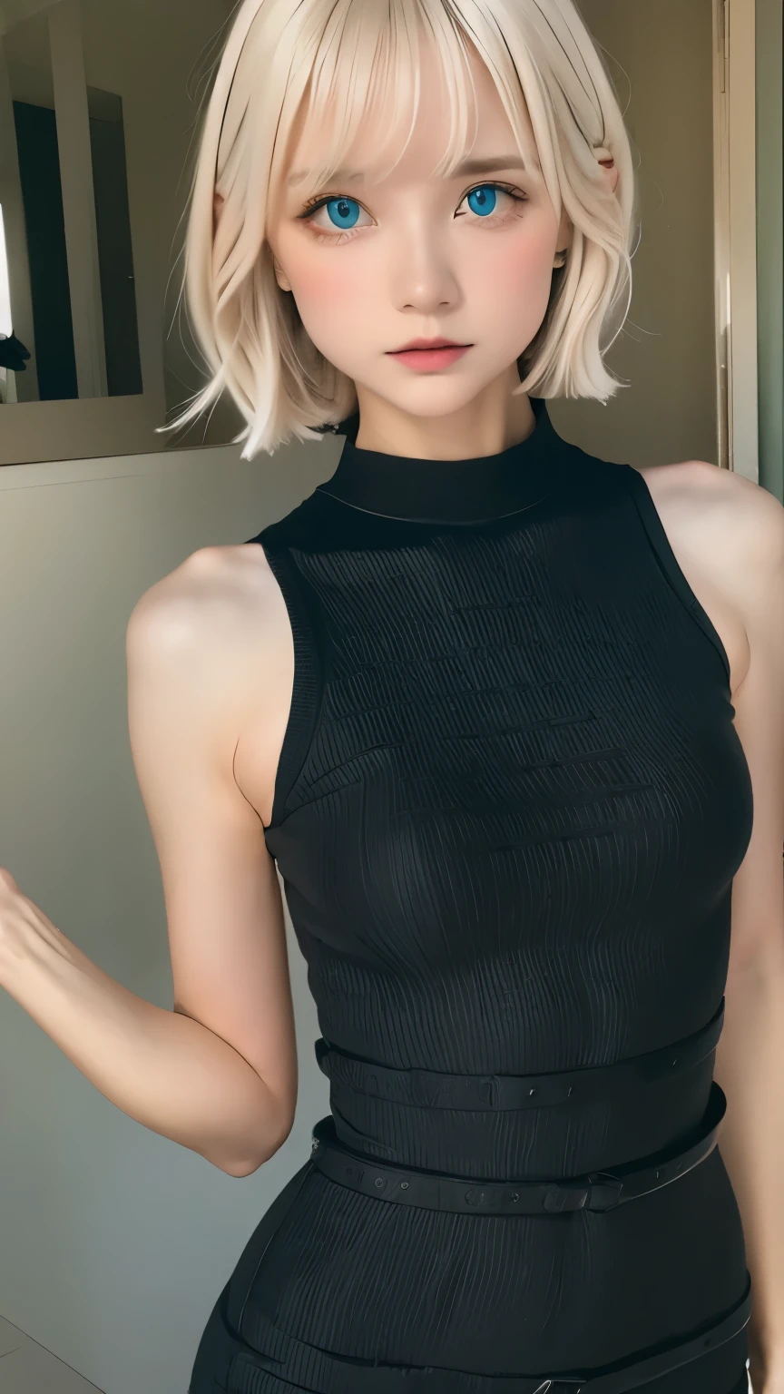 Masterpiece, 8K, award-winning photos, photorealistic, realistic, ultra detailed, ultra high definition, ray tracung,
_
the most beautiful, 22 years old ,(sexy,Japanese idol, gray hair, short hair),shiny skin , detailed skin , detailed face , detailed eyes ,
_
cleavage showing,
_
BREAK (droopy eyes, Natural makeup,smile, glistening teeth1.2),light color medium large breasts,
_
glowing blue eyes, tan skin,
_
BREAK (black theme:1.3),((oversized black sweatdress,big size)), (White Geometric patterns:1.2)
_
Inorganic concrete studio with windows, highly detailed background, , ultra-realistic textures, dramatic lighting ,raw photo, 1girl,
_(from behind), (upskirt:1.3), looking at viewer,